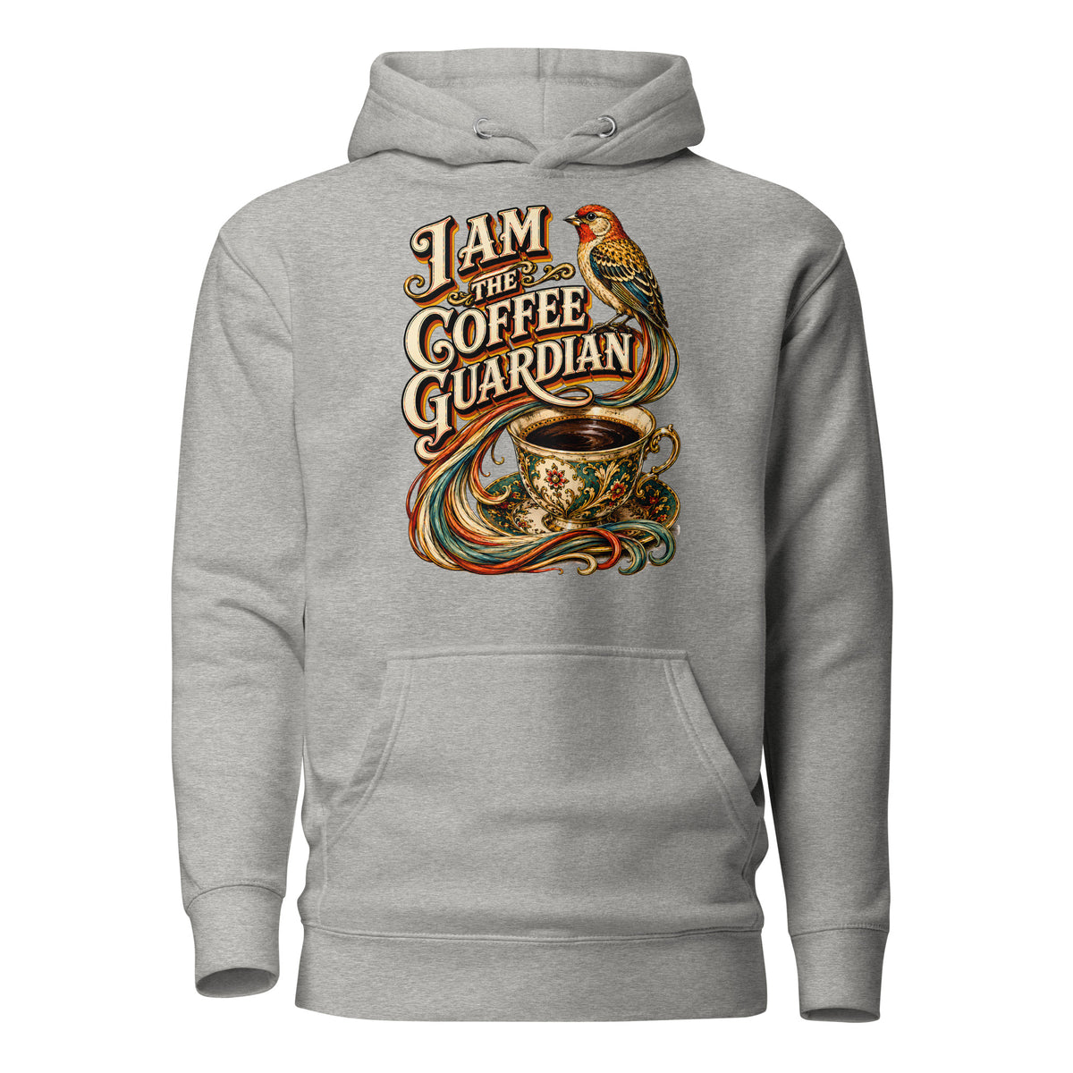 Coffee Lovers Unisex Hoodie The Coffee Guardian – Whimsical Bird & Vintage Cup Graphic Pullover by printfluence.net