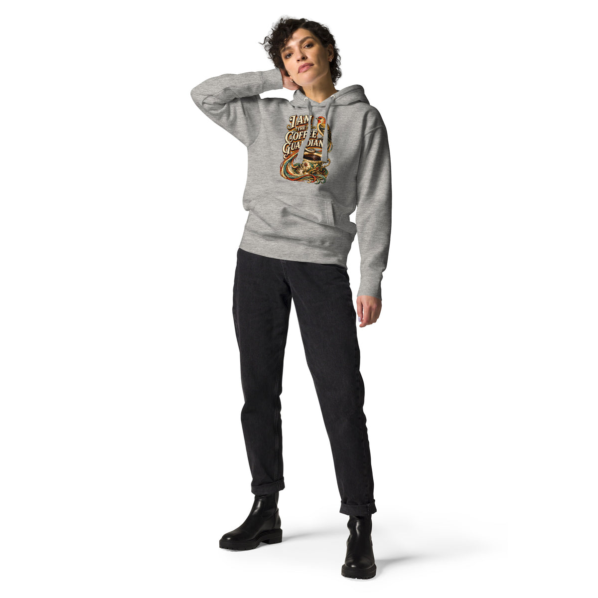 Coffee Lovers Unisex Hoodie The Coffee Guardian – Whimsical Bird & Vintage Cup Graphic Pullover by printfluence.net