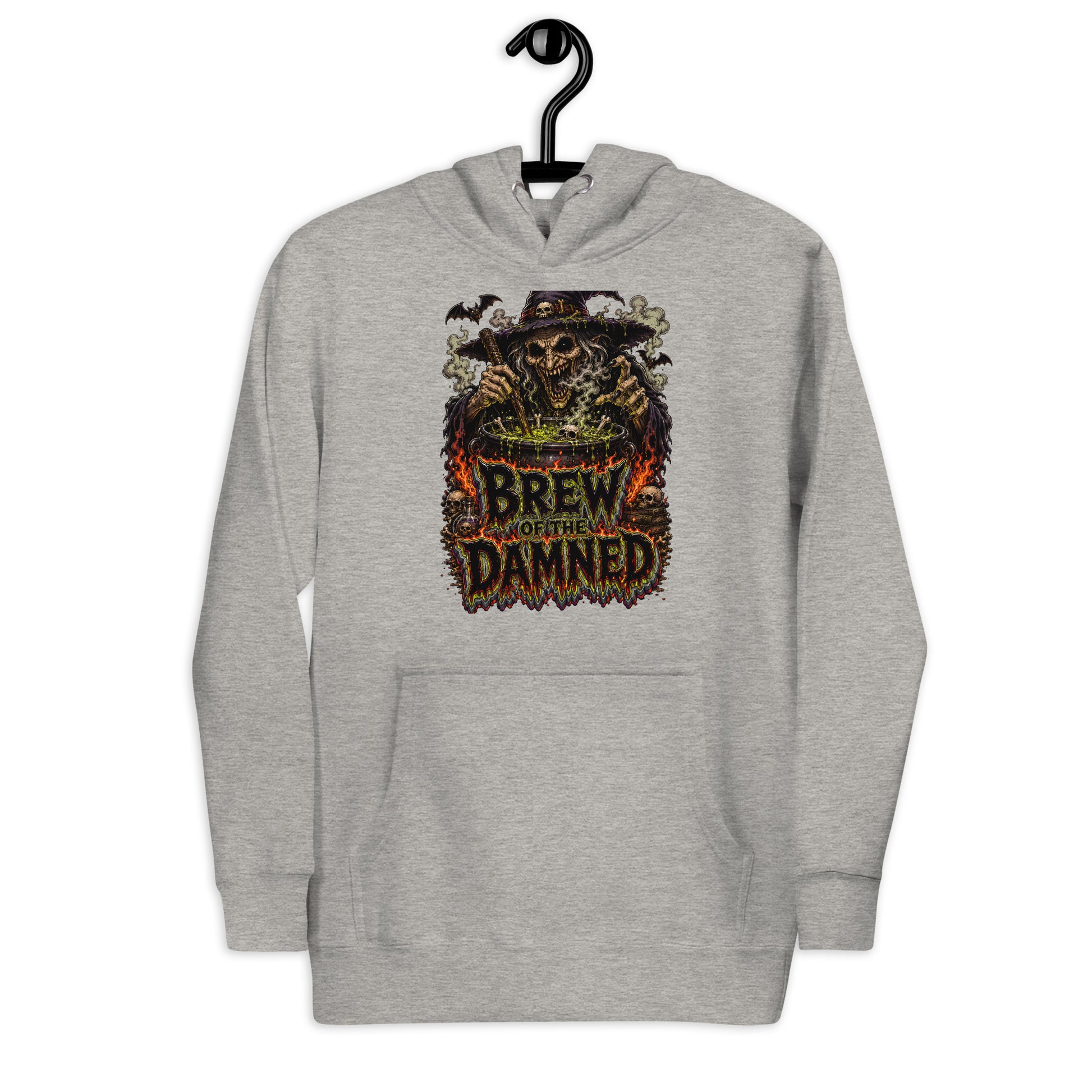 Horror & Mystery Lovers Unisex Premium Pullover Hoodie with "Brew of the Damned" Witch Cauldron Design by printfluence.net