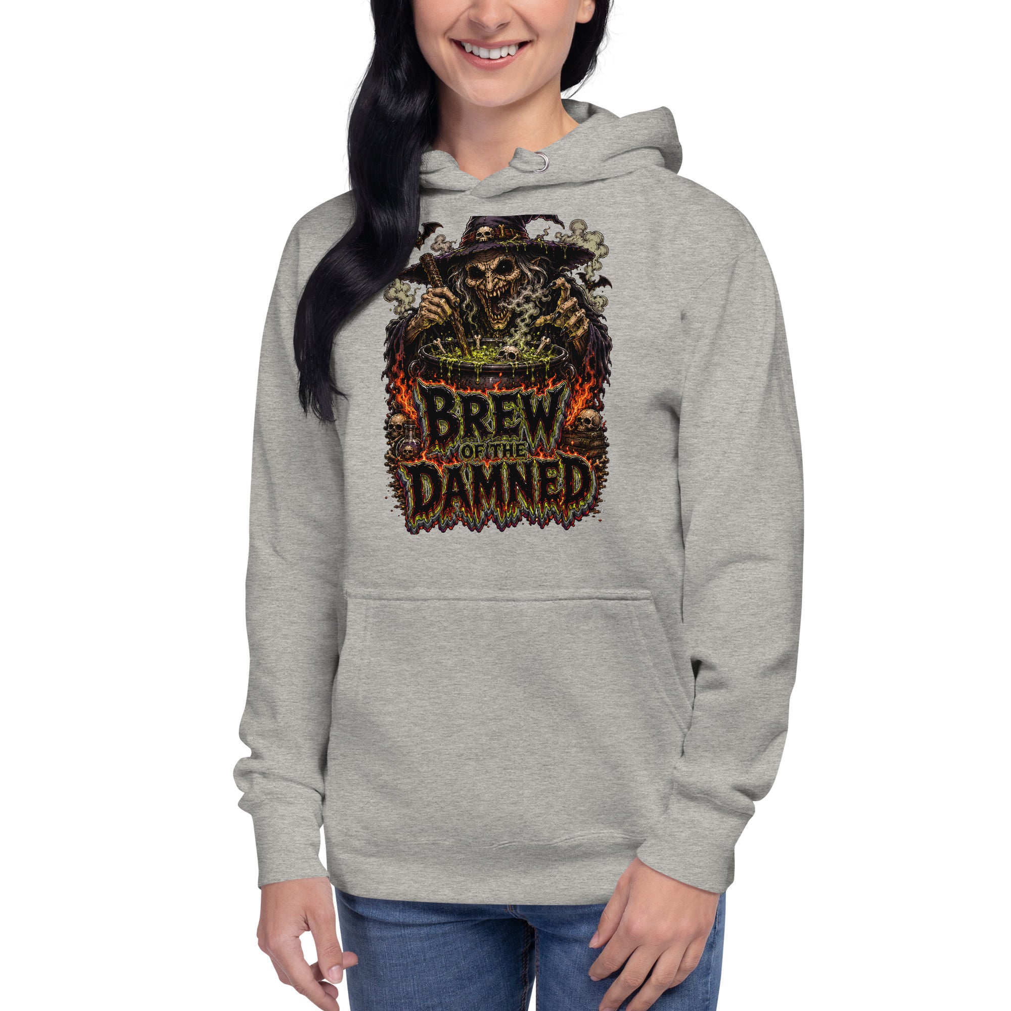 Horror & Mystery Lovers Unisex Premium Pullover Hoodie with "Brew of the Damned" Witch Cauldron Design by printfluence.net