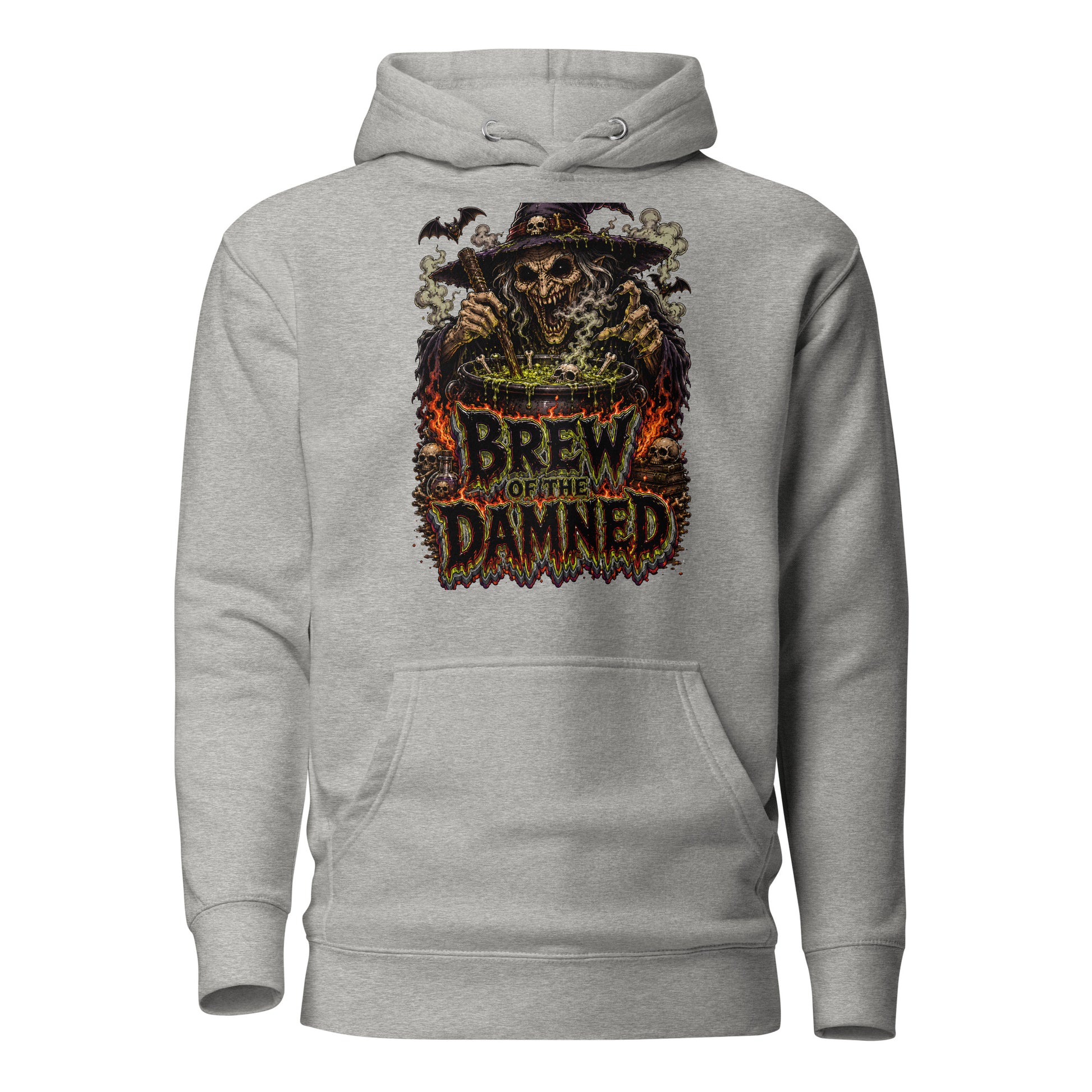 Horror & Mystery Lovers Unisex Premium Pullover Hoodie with "Brew of the Damned" Witch Cauldron Design by printfluence.net
