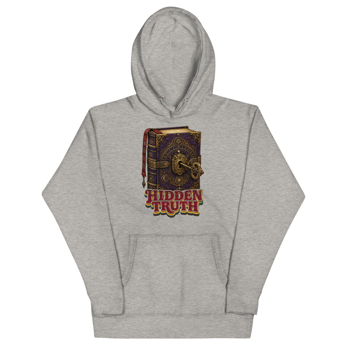 Horror and Mystery Lovers Unisex Premium Pullover Hoodie — "Hidden Truth" Cursed Grimoire and Esoteric Key Design by printfluence.net