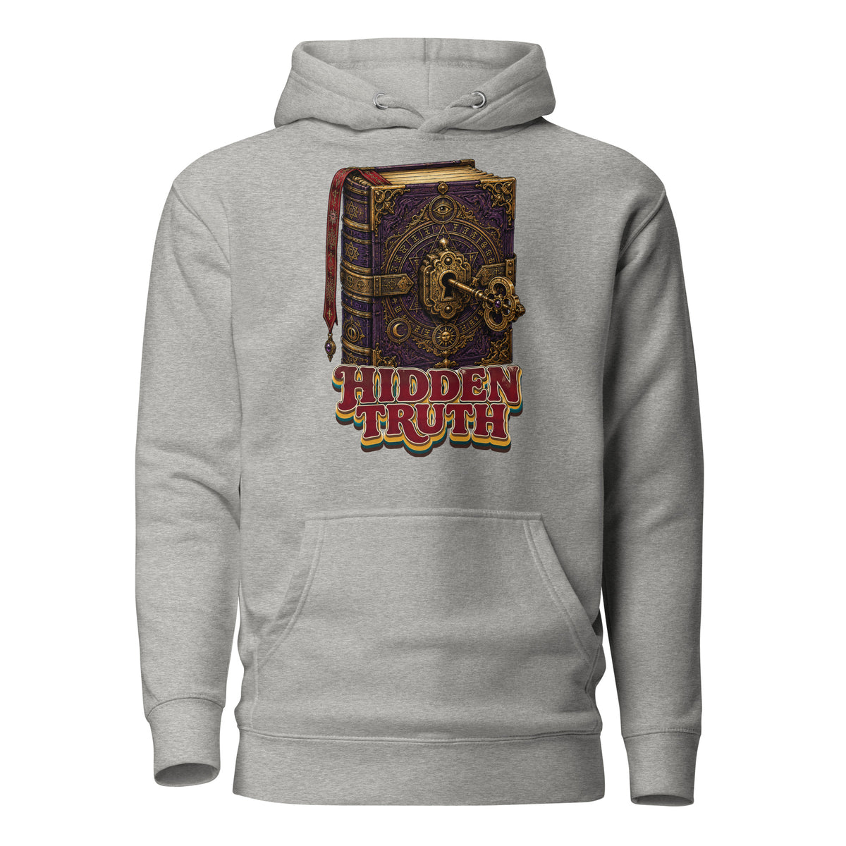 Horror and Mystery Lovers Unisex Premium Pullover Hoodie — "Hidden Truth" Cursed Grimoire and Esoteric Key Design by printfluence.net
