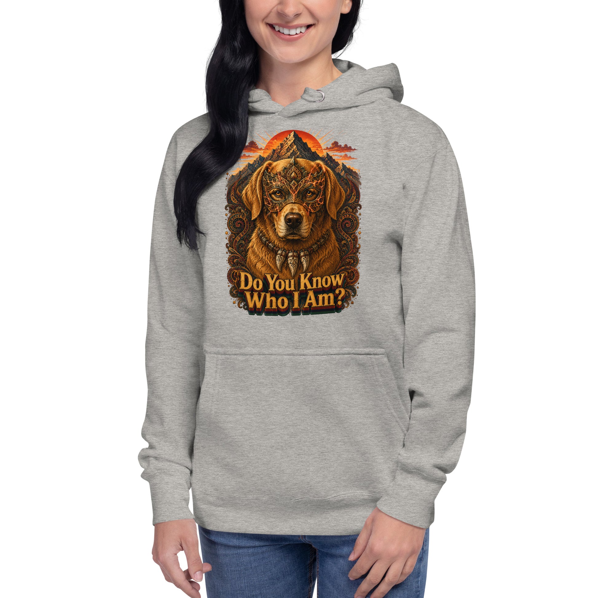 Golden Retriever Lovers Unisex Premium Pullover Hoodie — "Do You Know Who I Am?" Mystical Mask, Mountains, and Tribal Collar Design by printfluence.net