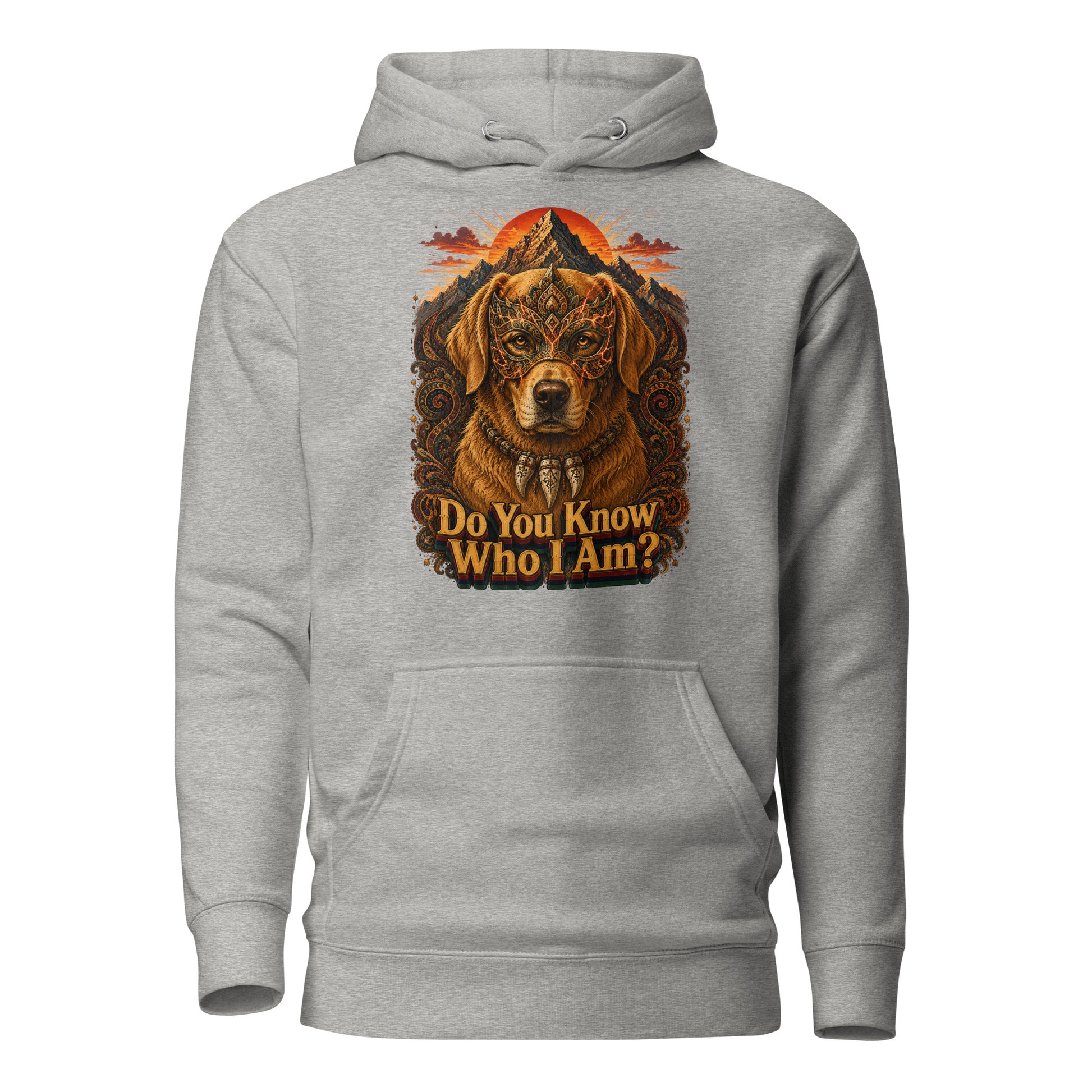 Golden Retriever Lovers Unisex Premium Pullover Hoodie — "Do You Know Who I Am?" Mystical Mask, Mountains, and Tribal Collar Design by printfluence.net