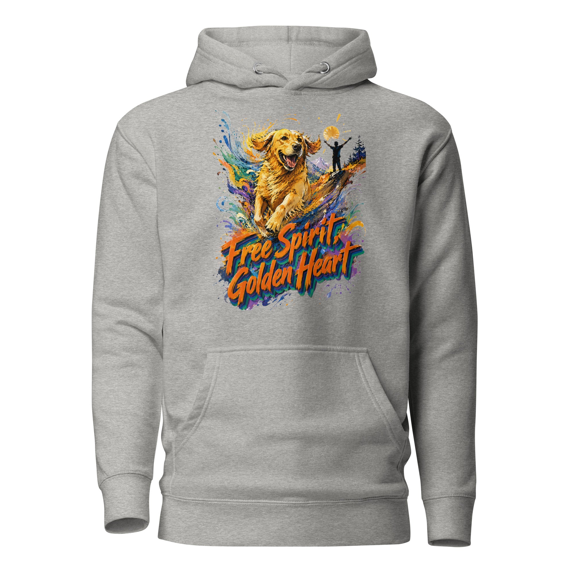 Golden Retriever Lovers Unisex Premium Pullover Hoodie — "Free Spirit, Golden Heart" Running Dog and Mountain Explorer Design by printfluence.net
