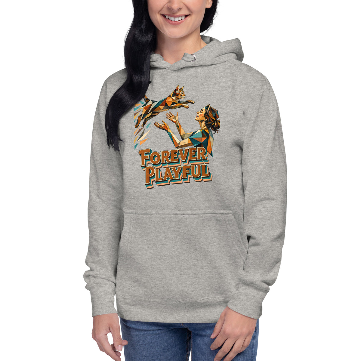 Cat Lovers Unisex Premium Pullover Hoodie – Forever Playful Geometric Cat Art Design by printfluence.net