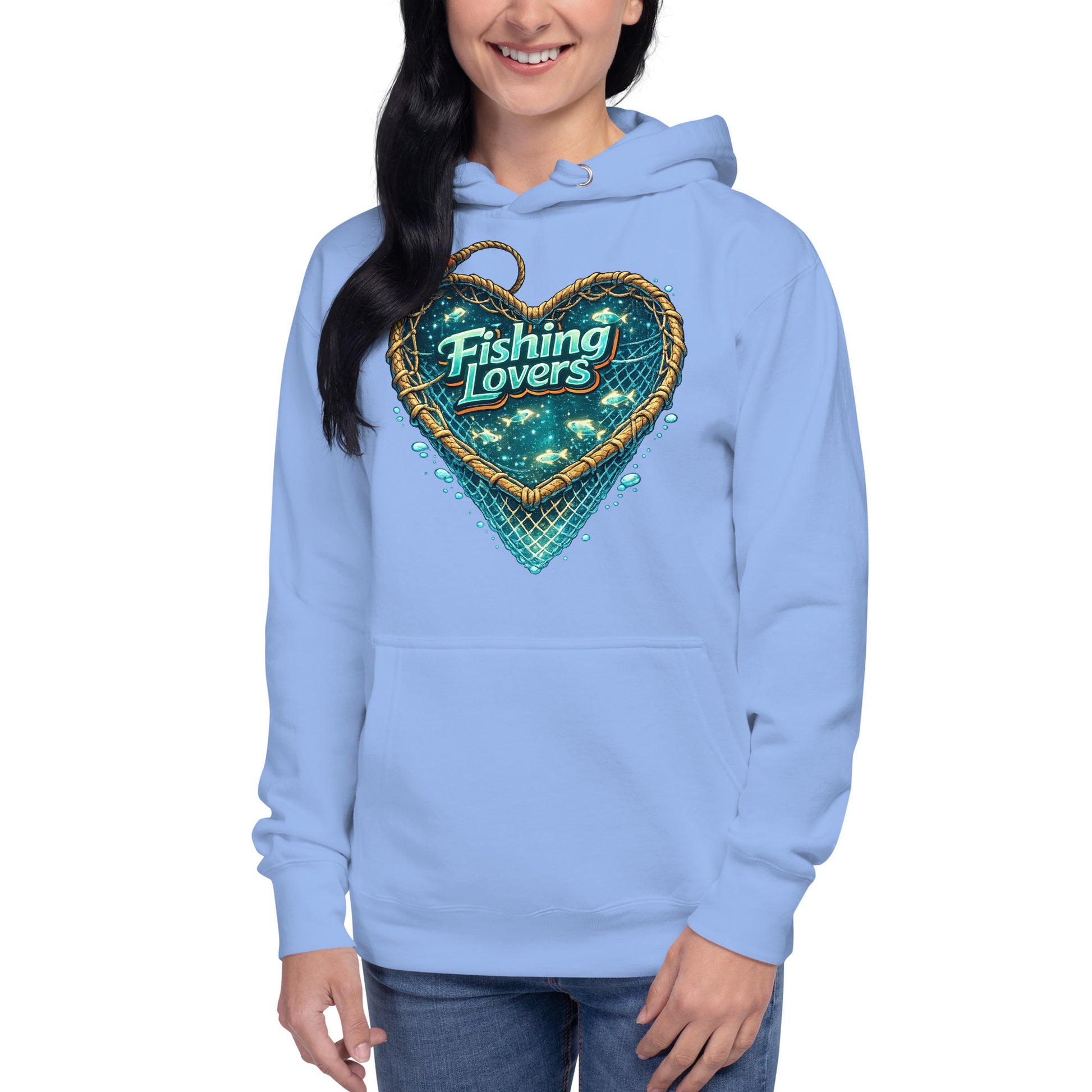 Fishing Lovers Hoodie - Premium Heart Fish Net Graphic Pullover for Anglers & Coffee Lovers by printfluence.net