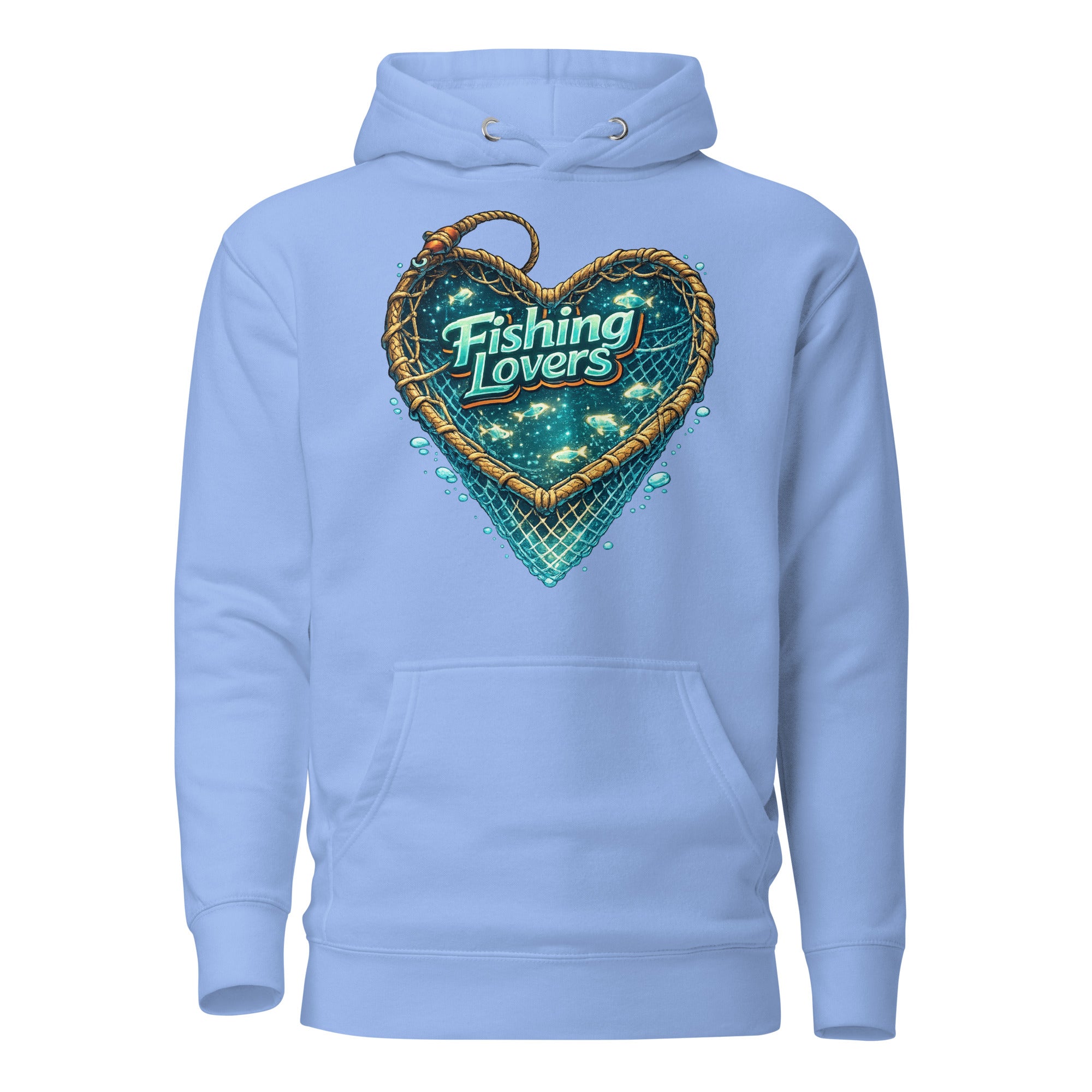 Fishing Lovers Hoodie - Premium Heart Fish Net Graphic Pullover for Anglers & Coffee Lovers by printfluence.net