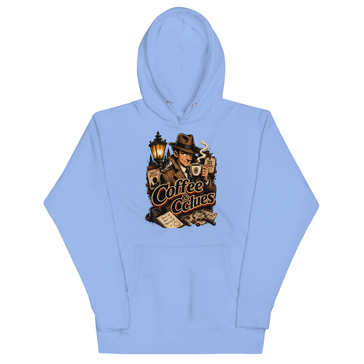 Coffee Lovers Unisex Hoodie Coffee & Clues – Noir Detective Style Graphic Pullover by printfluence.net