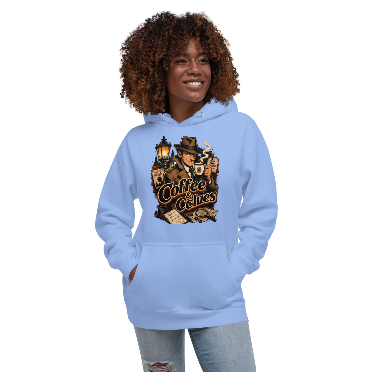 Coffee Lovers Unisex Hoodie Coffee & Clues – Noir Detective Style Graphic Pullover by printfluence.net