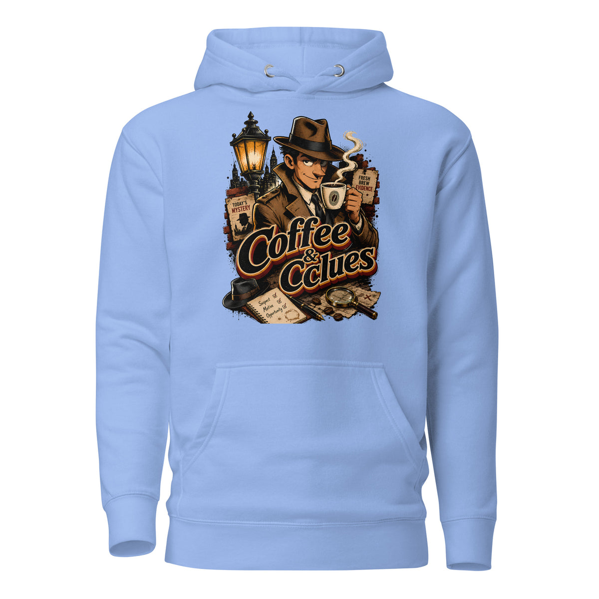Coffee Lovers Unisex Hoodie Coffee & Clues – Noir Detective Style Graphic Pullover by printfluence.net