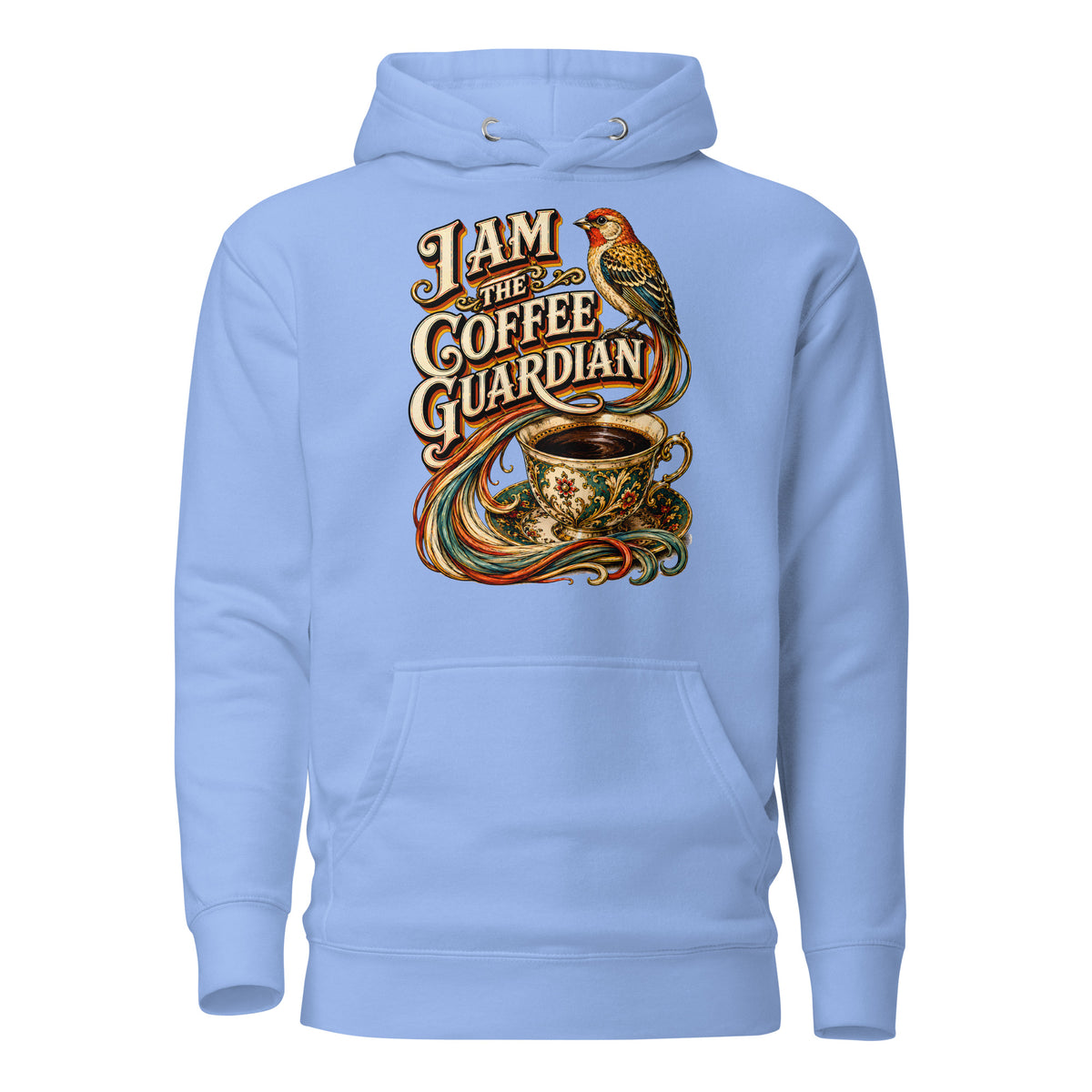 Coffee Lovers Unisex Hoodie The Coffee Guardian – Whimsical Bird & Vintage Cup Graphic Pullover by printfluence.net