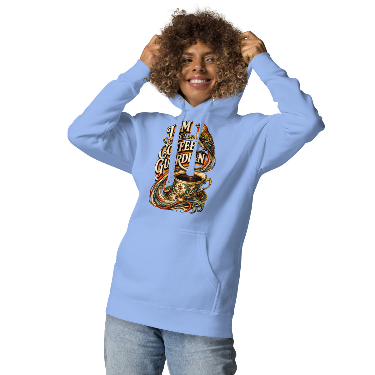 Coffee Lovers Unisex Hoodie The Coffee Guardian – Whimsical Bird & Vintage Cup Graphic Pullover by printfluence.net