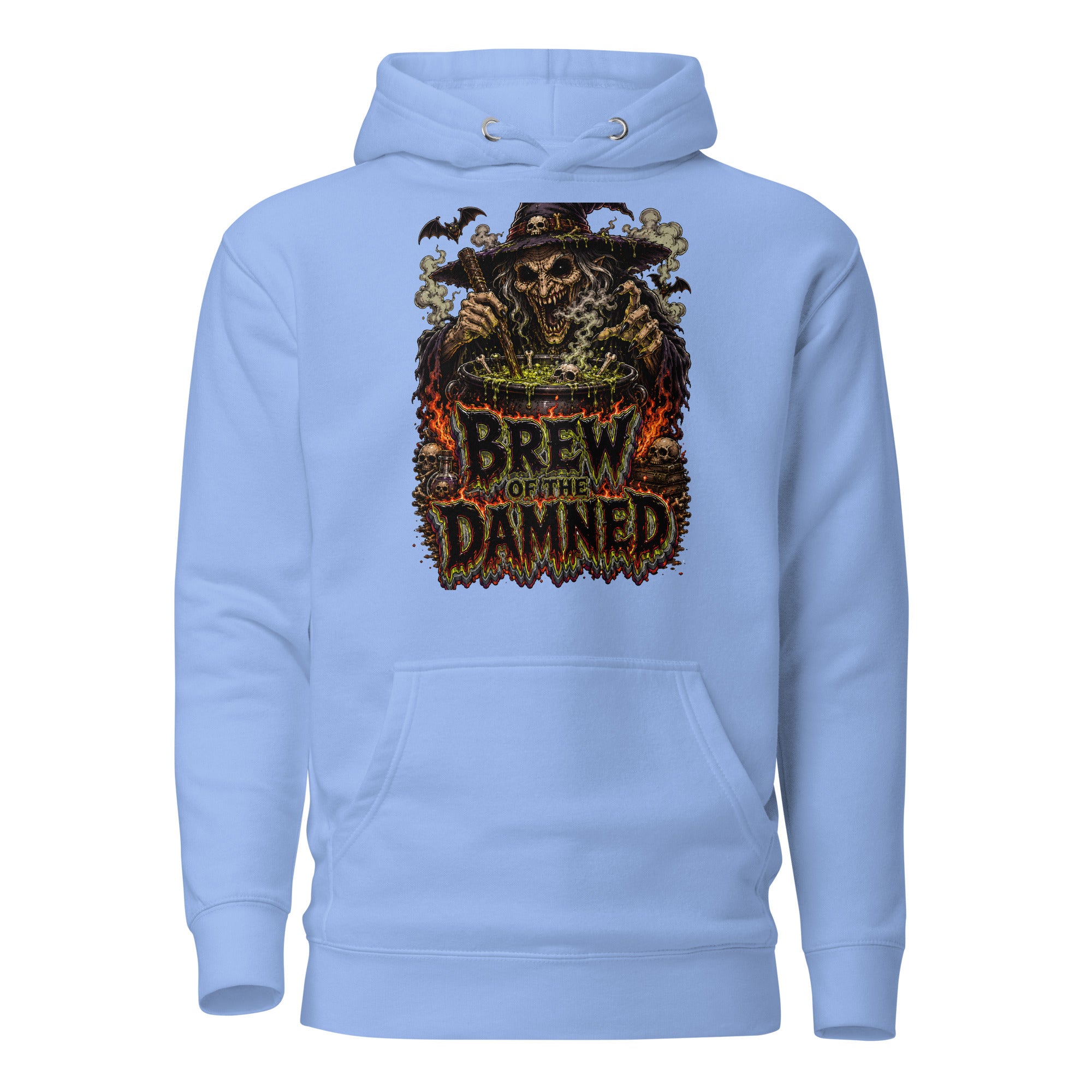 Horror & Mystery Lovers Unisex Premium Pullover Hoodie with "Brew of the Damned" Witch Cauldron Design by printfluence.net