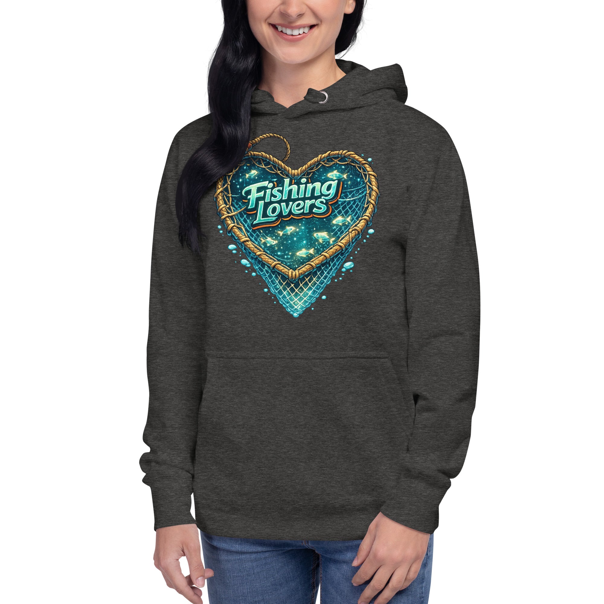 Fishing Lovers Hoodie - Premium Heart Fish Net Graphic Pullover for Anglers & Coffee Lovers by printfluence.net