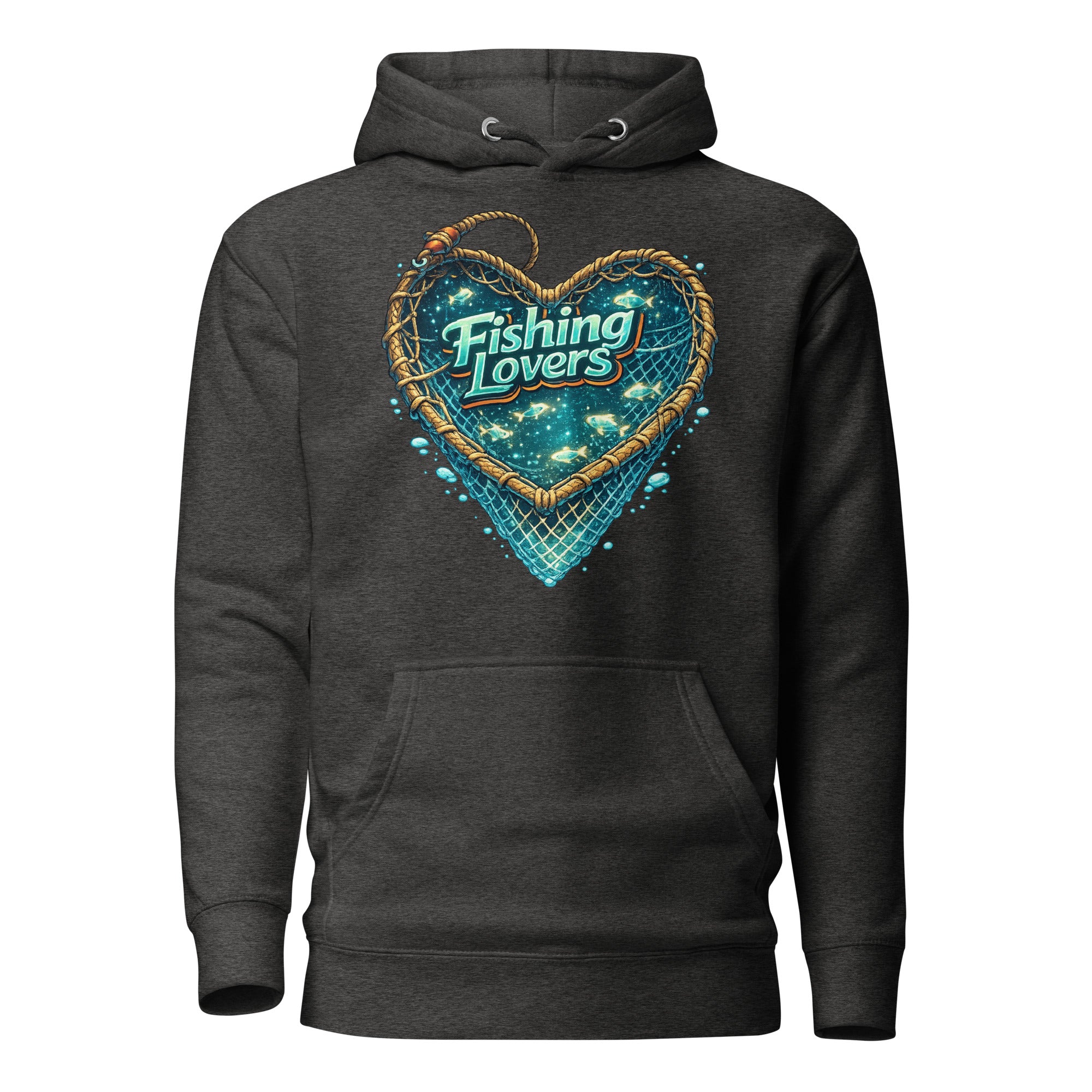 Fishing Lovers Hoodie - Premium Heart Fish Net Graphic Pullover for Anglers & Coffee Lovers by printfluence.net