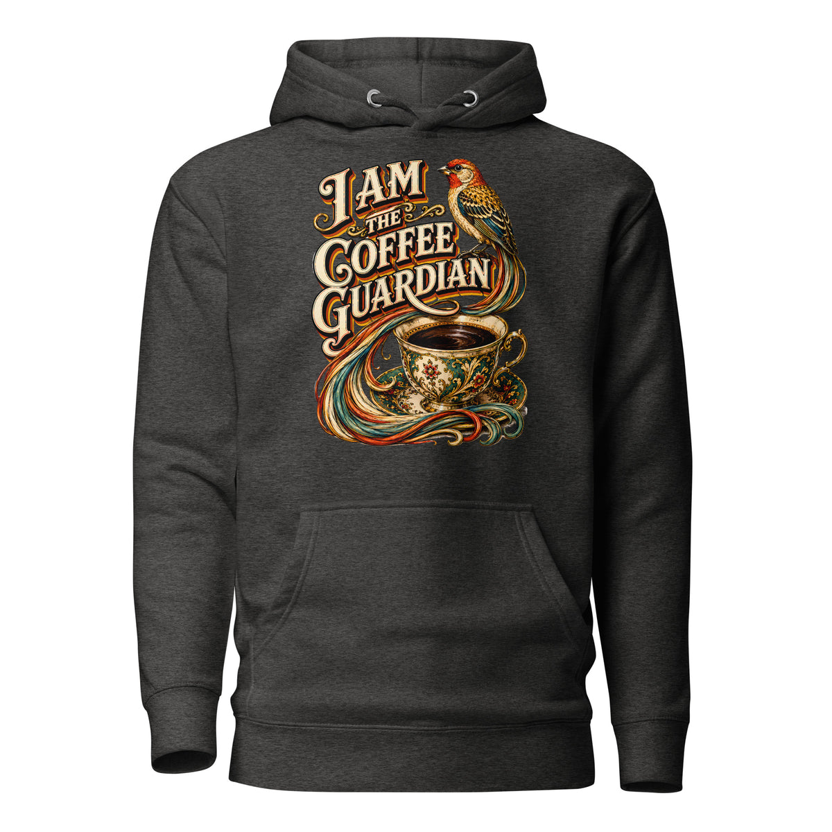 Coffee Lovers Unisex Hoodie The Coffee Guardian – Whimsical Bird & Vintage Cup Graphic Pullover by printfluence.net