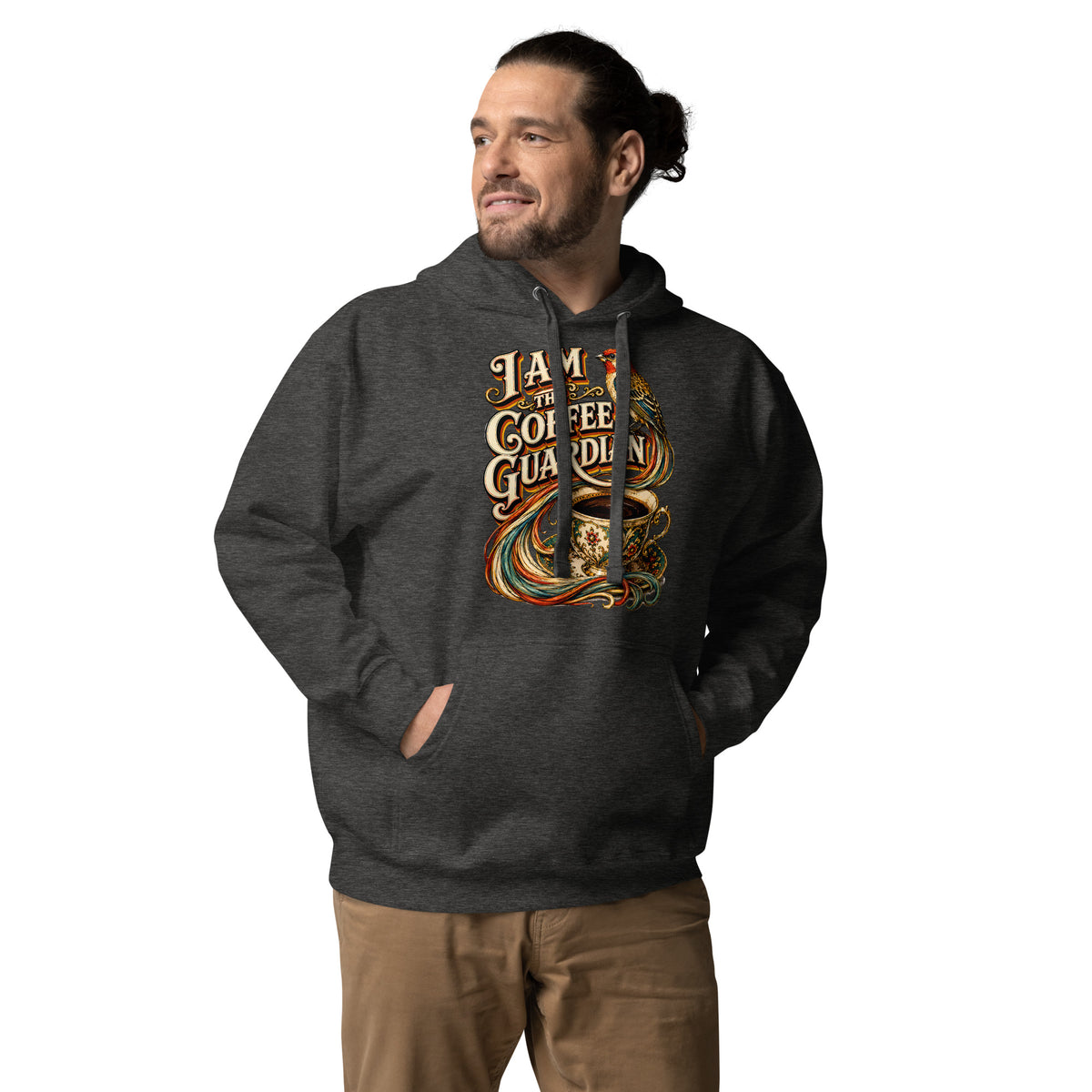 Coffee Lovers Unisex Hoodie The Coffee Guardian – Whimsical Bird & Vintage Cup Graphic Pullover by printfluence.net