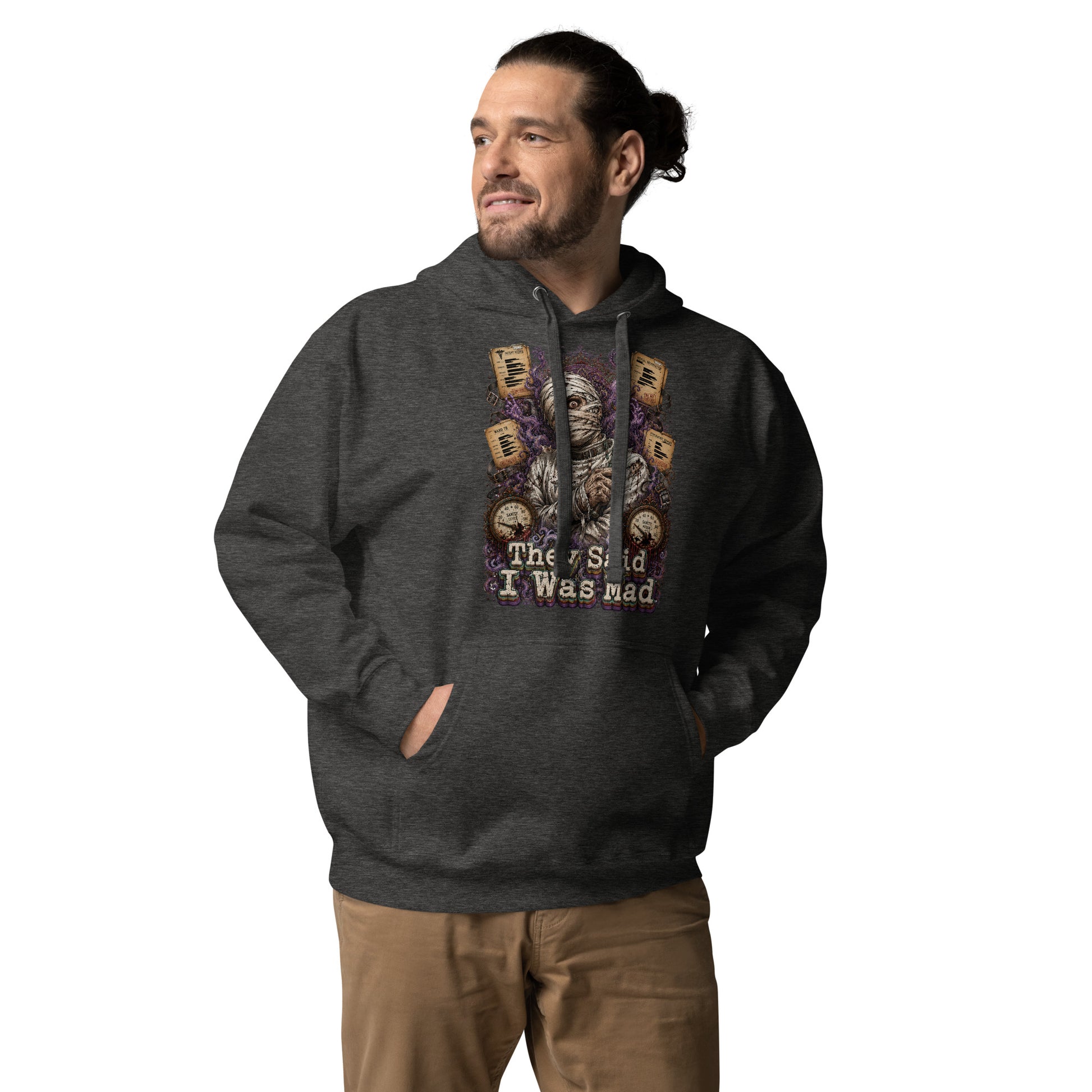 Horror and Mystery Lovers Unisex Premium Pullover Hoodie — "They Said I Was Mad" Asylum Patient and Sanity Meter Design by printfluence.net