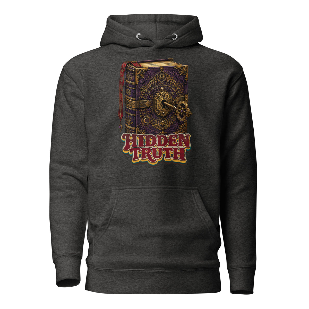 Horror and Mystery Lovers Unisex Premium Pullover Hoodie — "Hidden Truth" Cursed Grimoire and Esoteric Key Design by printfluence.net