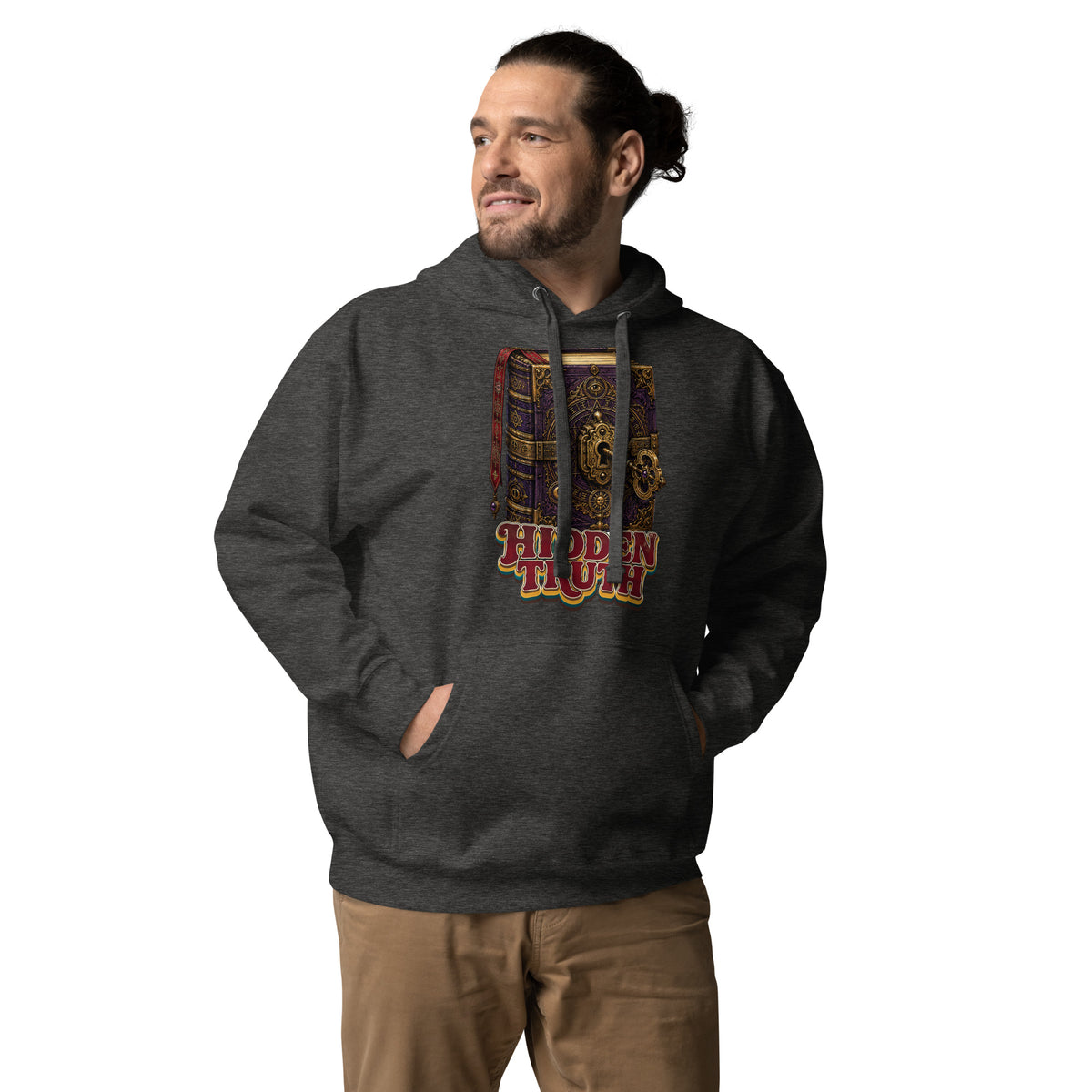 Horror and Mystery Lovers Unisex Premium Pullover Hoodie — "Hidden Truth" Cursed Grimoire and Esoteric Key Design by printfluence.net