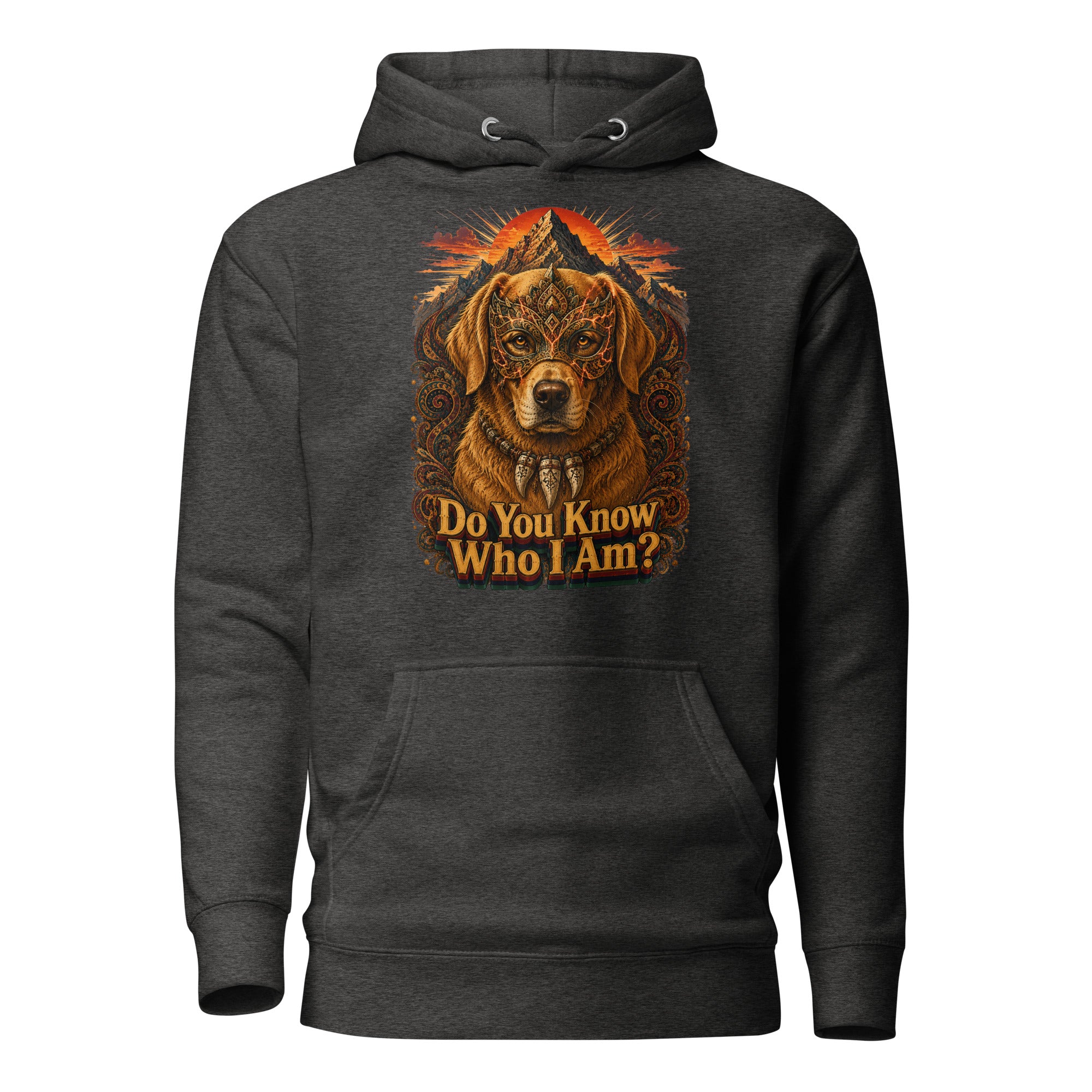 Golden Retriever Lovers Unisex Premium Pullover Hoodie — "Do You Know Who I Am?" Mystical Mask, Mountains, and Tribal Collar Design by printfluence.net