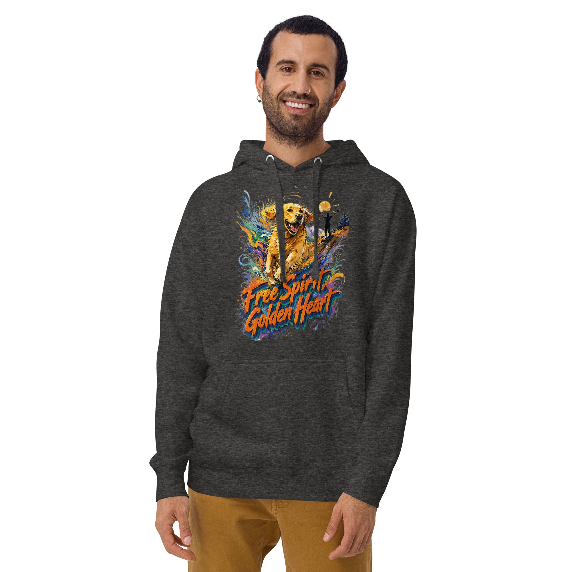 Golden Retriever Lovers Unisex Premium Pullover Hoodie — "Free Spirit, Golden Heart" Running Dog and Mountain Explorer Design by printfluence.net