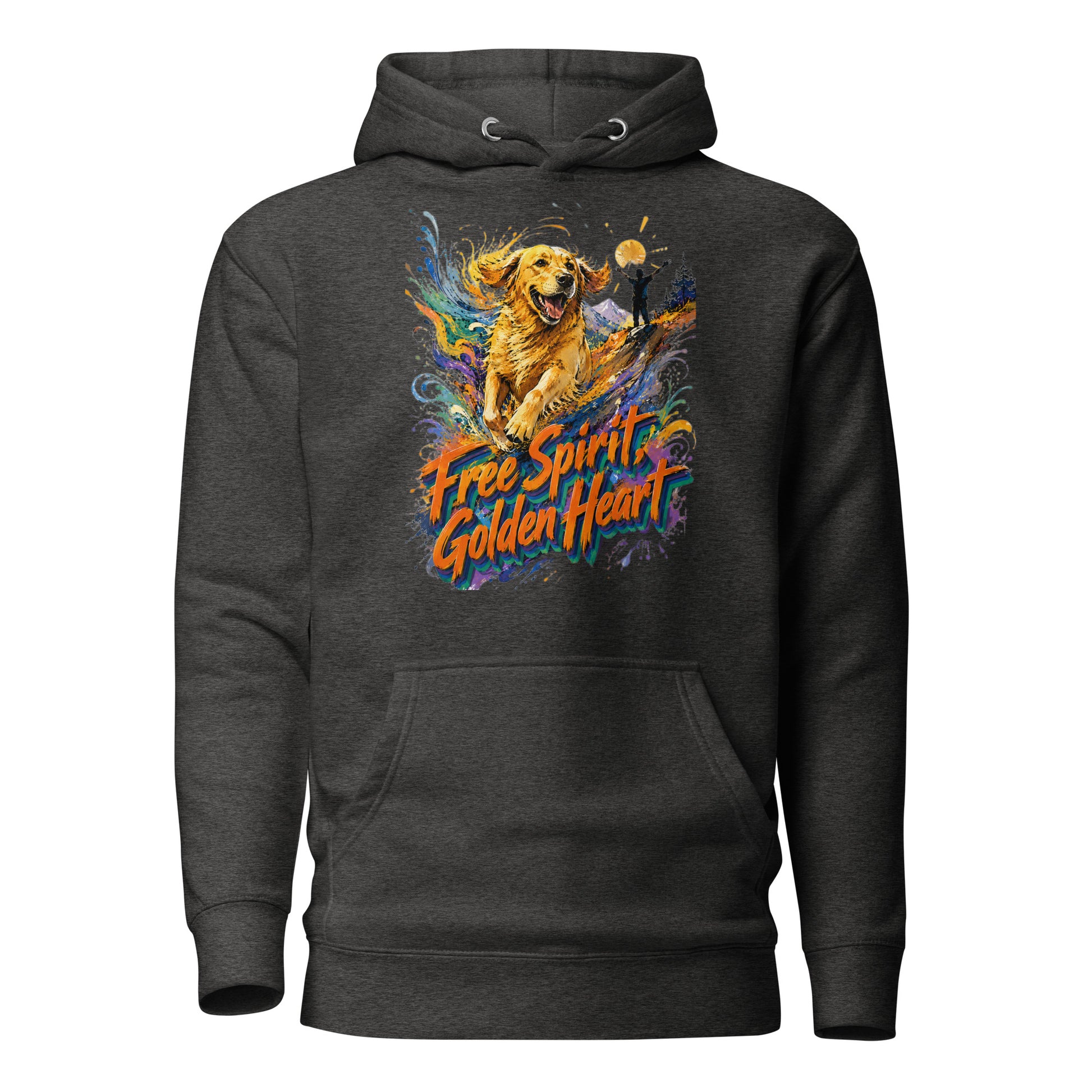 Golden Retriever Lovers Unisex Premium Pullover Hoodie — "Free Spirit, Golden Heart" Running Dog and Mountain Explorer Design by printfluence.net