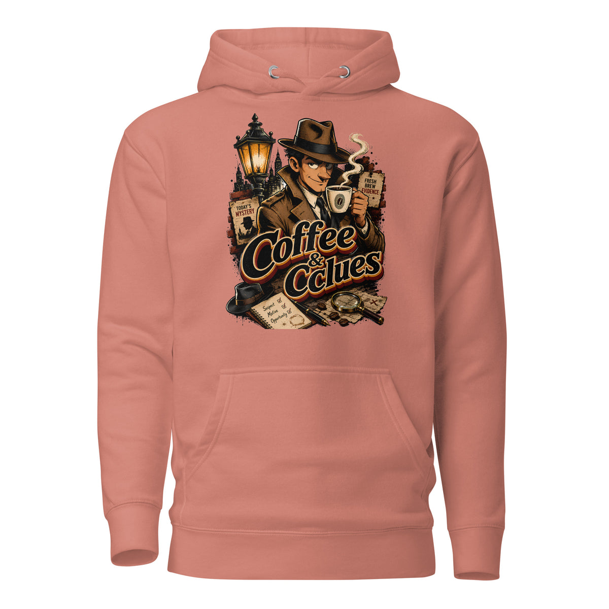 Coffee Lovers Unisex Hoodie Coffee & Clues – Noir Detective Style Graphic Pullover by printfluence.net