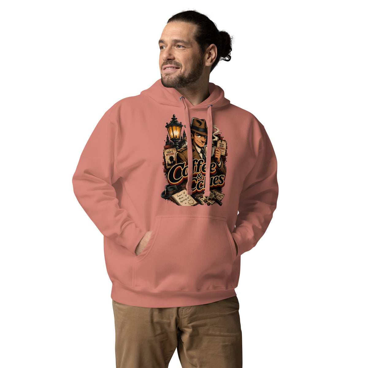 Coffee Lovers Unisex Hoodie Coffee & Clues – Noir Detective Style Graphic Pullover by printfluence.net