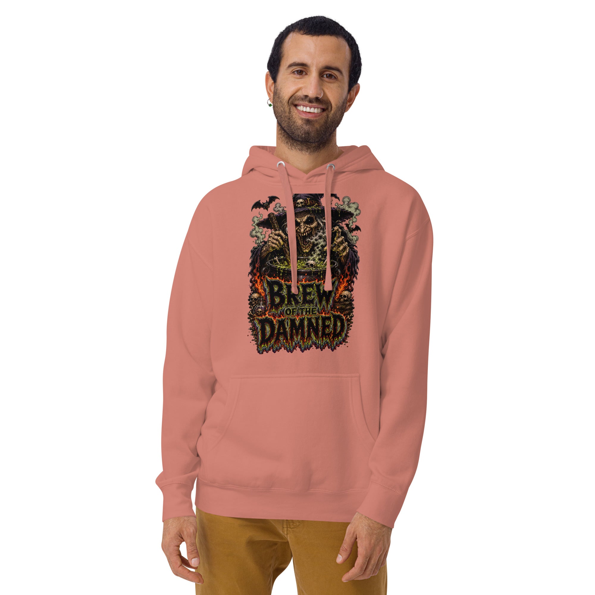 Horror & Mystery Lovers Unisex Premium Pullover Hoodie with "Brew of the Damned" Witch Cauldron Design by printfluence.net