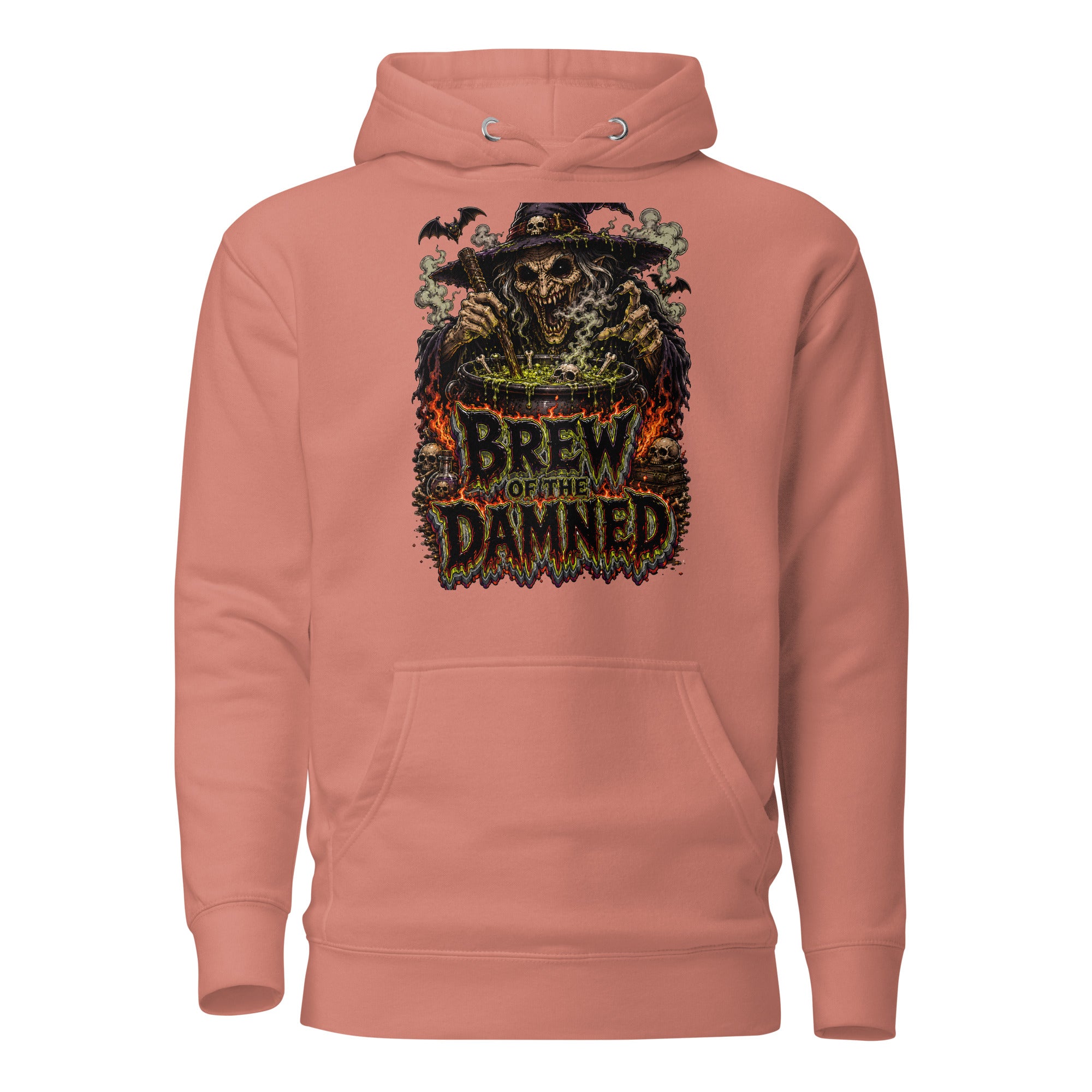 Horror & Mystery Lovers Unisex Premium Pullover Hoodie with "Brew of the Damned" Witch Cauldron Design by printfluence.net