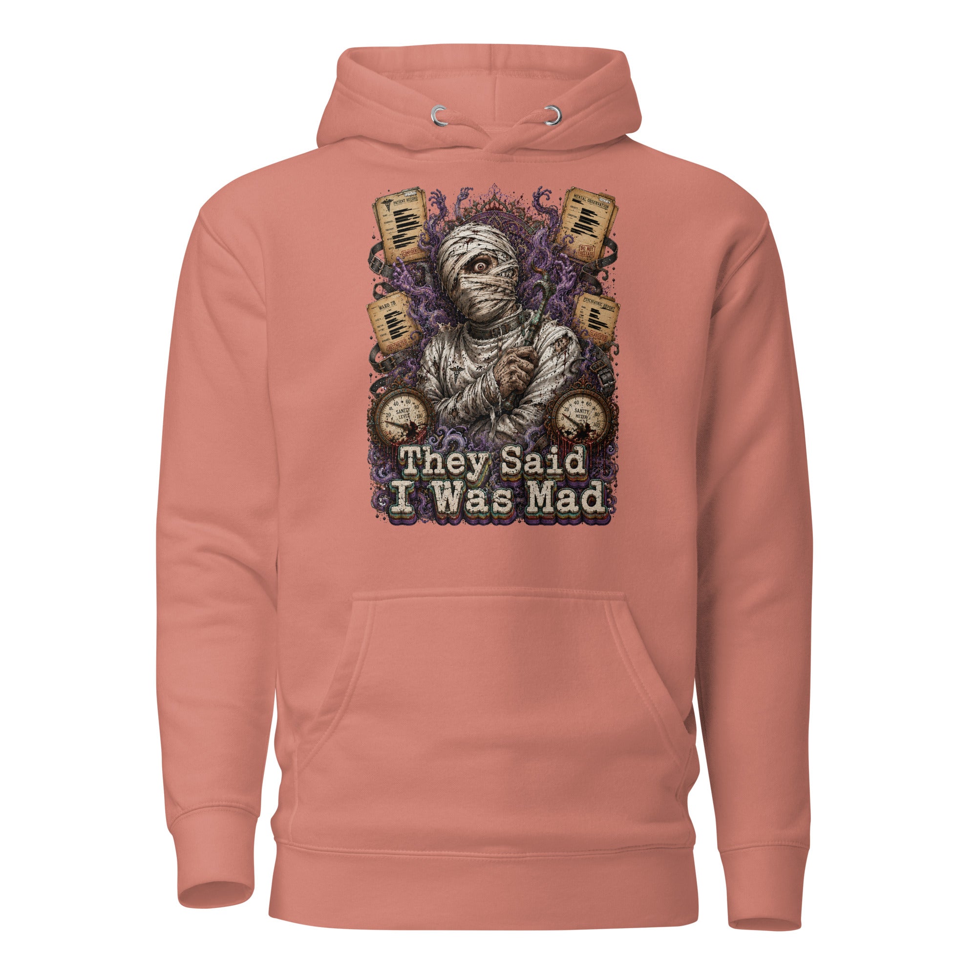 Horror and Mystery Lovers Unisex Premium Pullover Hoodie — "They Said I Was Mad" Asylum Patient and Sanity Meter Design by printfluence.net