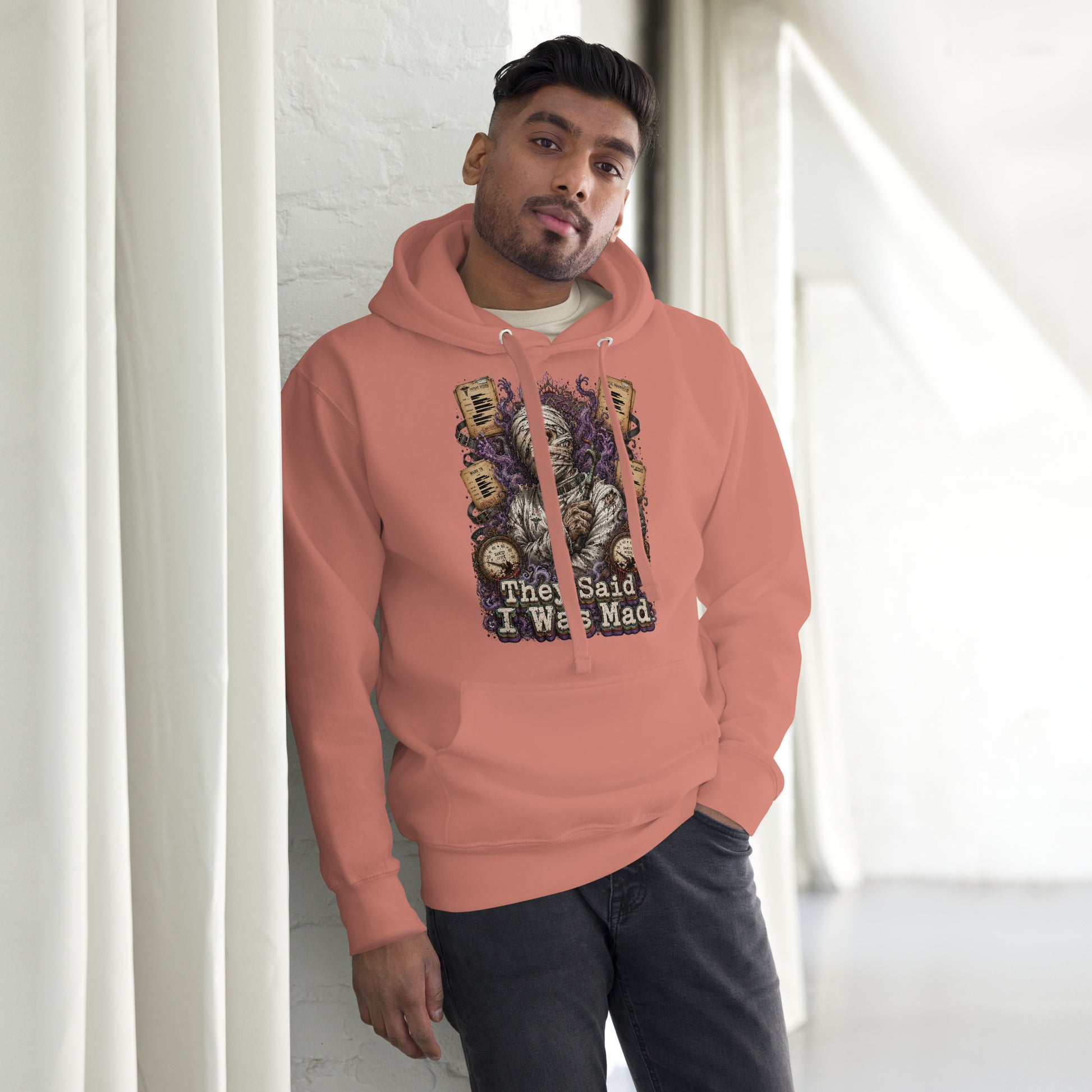 Horror and Mystery Lovers Unisex Premium Pullover Hoodie — "They Said I Was Mad" Asylum Patient and Sanity Meter Design by printfluence.net