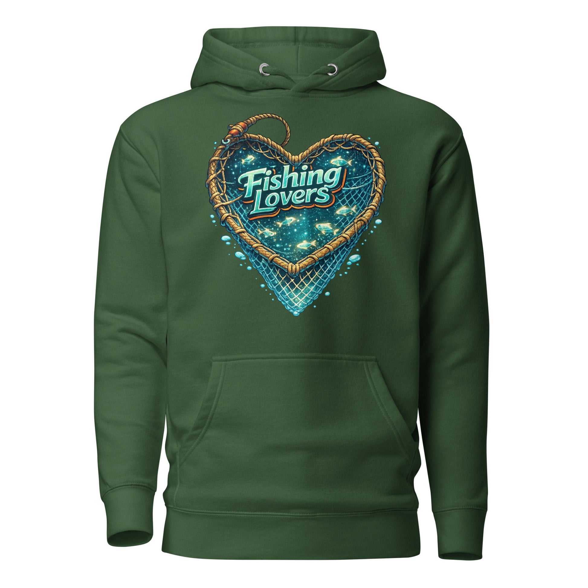 Fishing Lovers Hoodie - Premium Heart Fish Net Graphic Pullover for Anglers & Coffee Lovers by printfluence.net