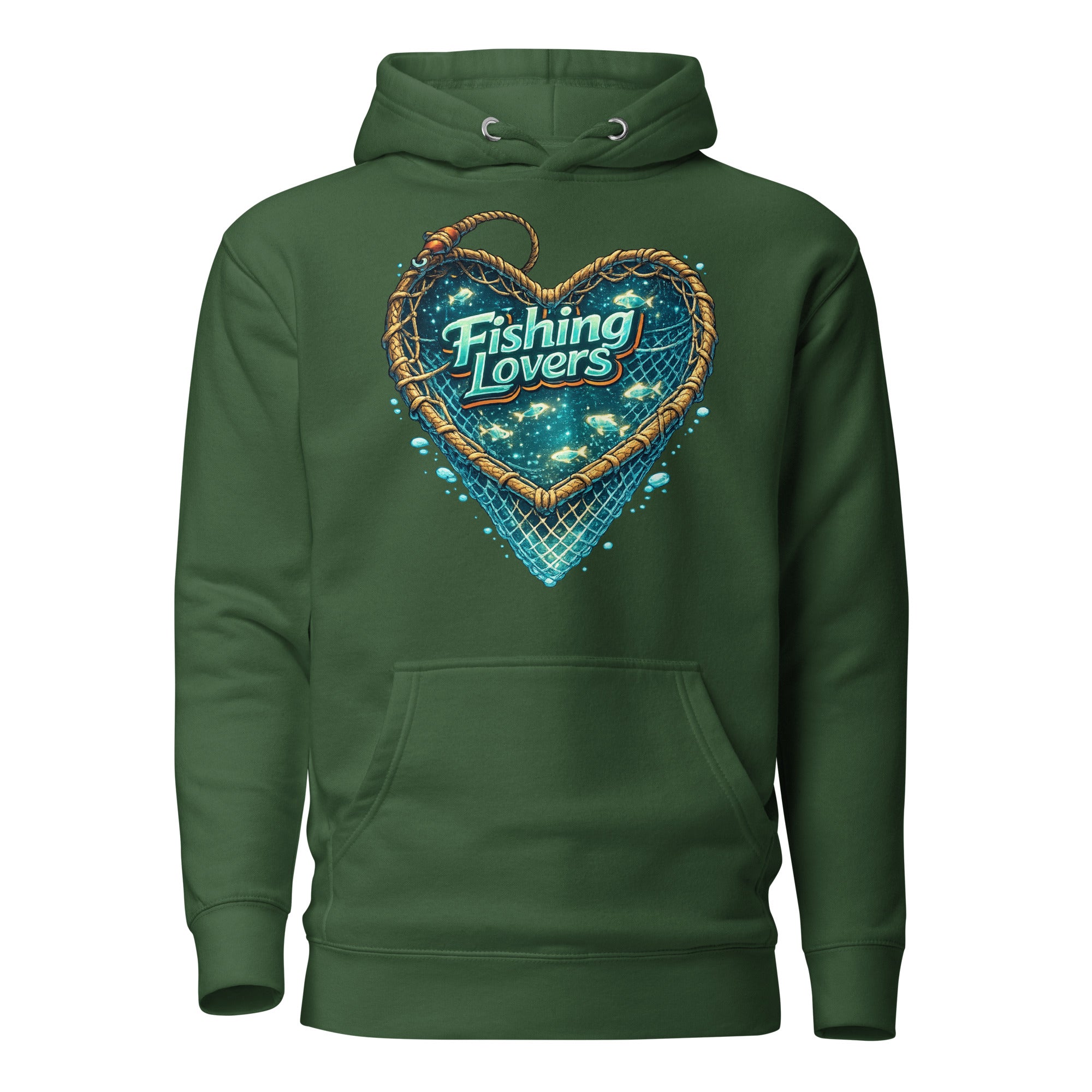 Fishing Lovers Hoodie - Premium Heart Fish Net Graphic Pullover for Anglers & Coffee Lovers by printfluence.net