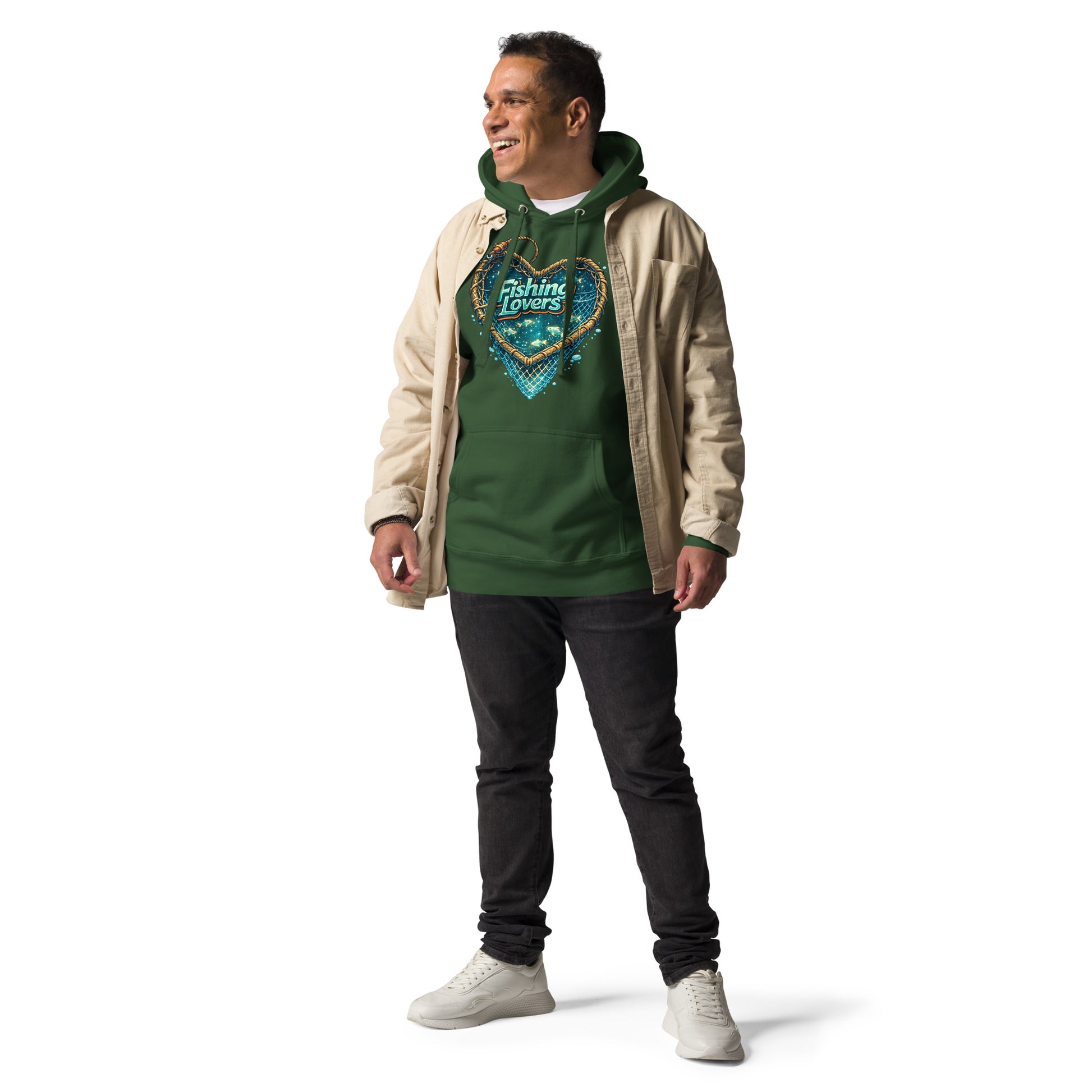 Fishing Lovers Hoodie - Premium Heart Fish Net Graphic Pullover for Anglers & Coffee Lovers by printfluence.net