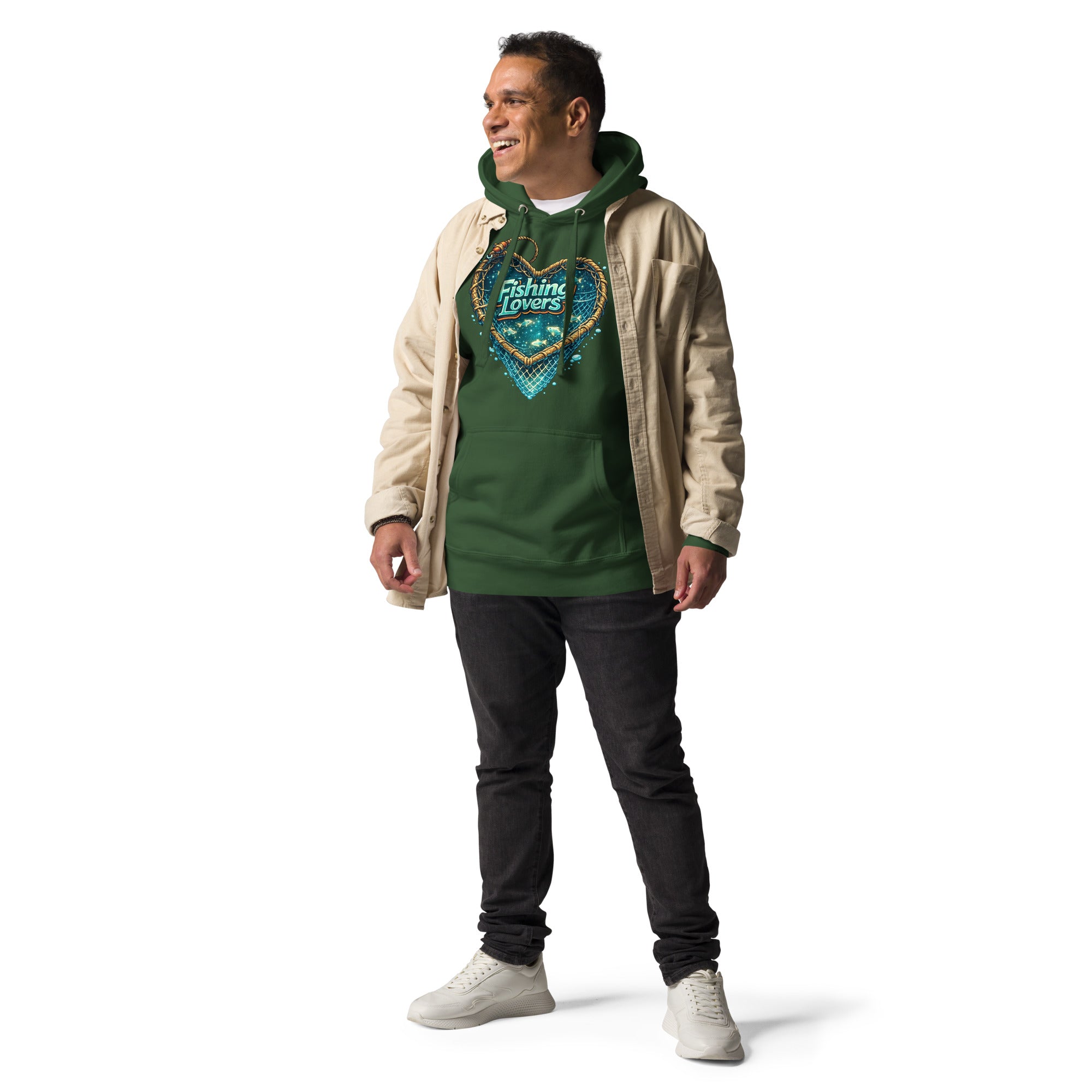 Fishing Lovers Hoodie - Premium Heart Fish Net Graphic Pullover for Anglers & Coffee Lovers by printfluence.net