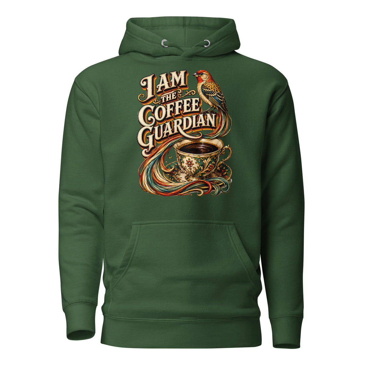Coffee Lovers Unisex Hoodie The Coffee Guardian – Whimsical Bird & Vintage Cup Graphic Pullover by printfluence.net
