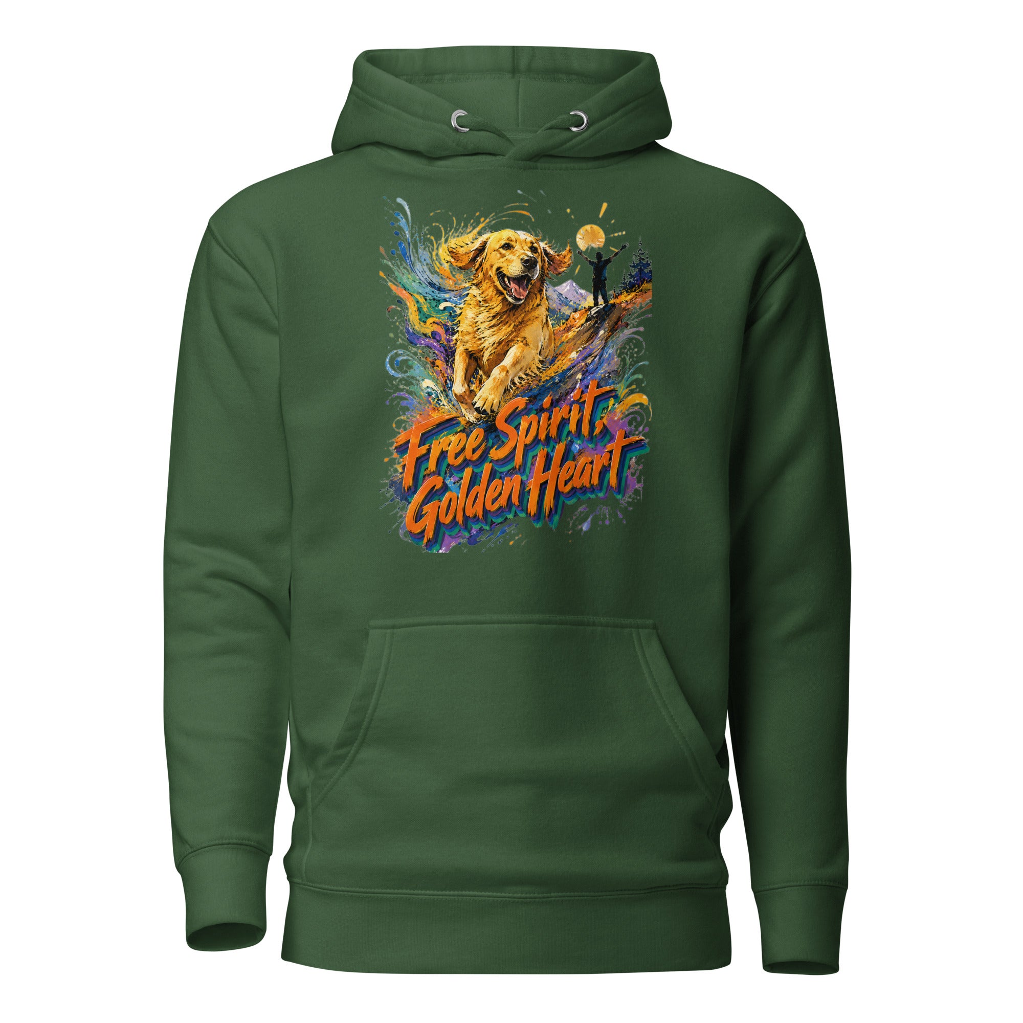 Golden Retriever Lovers Unisex Premium Pullover Hoodie — "Free Spirit, Golden Heart" Running Dog and Mountain Explorer Design by printfluence.net