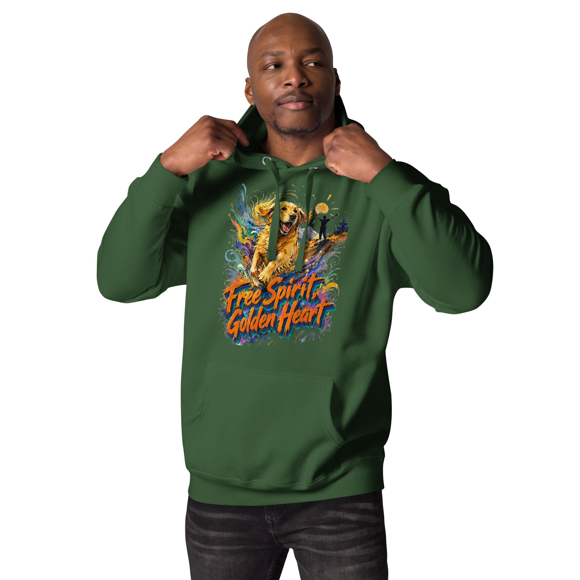 Golden Retriever Lovers Unisex Premium Pullover Hoodie — "Free Spirit, Golden Heart" Running Dog and Mountain Explorer Design by printfluence.net