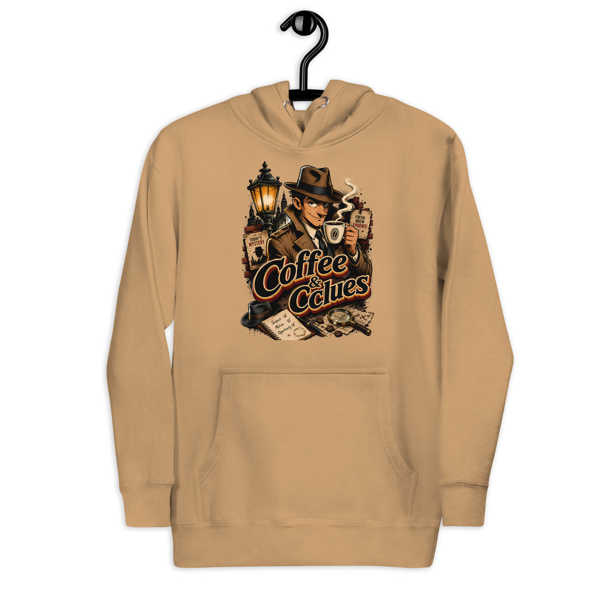 Coffee Lovers Unisex Hoodie Coffee & Clues – Noir Detective Style Graphic Pullover by printfluence.net