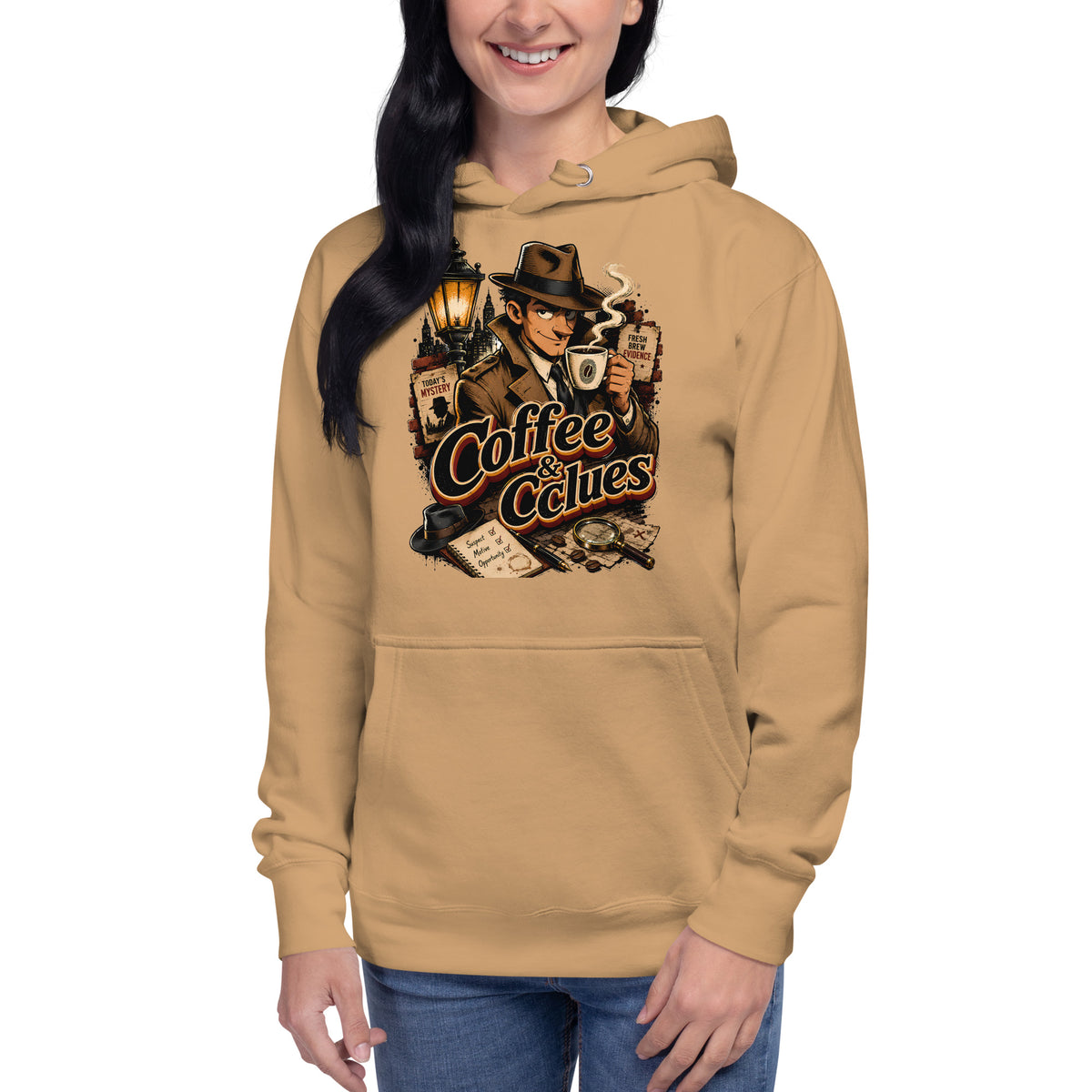 Coffee Lovers Unisex Hoodie Coffee & Clues – Noir Detective Style Graphic Pullover by printfluence.net