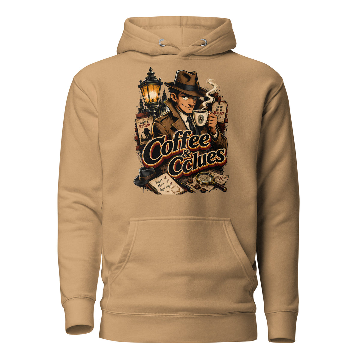 Coffee Lovers Unisex Hoodie Coffee & Clues – Noir Detective Style Graphic Pullover by printfluence.net