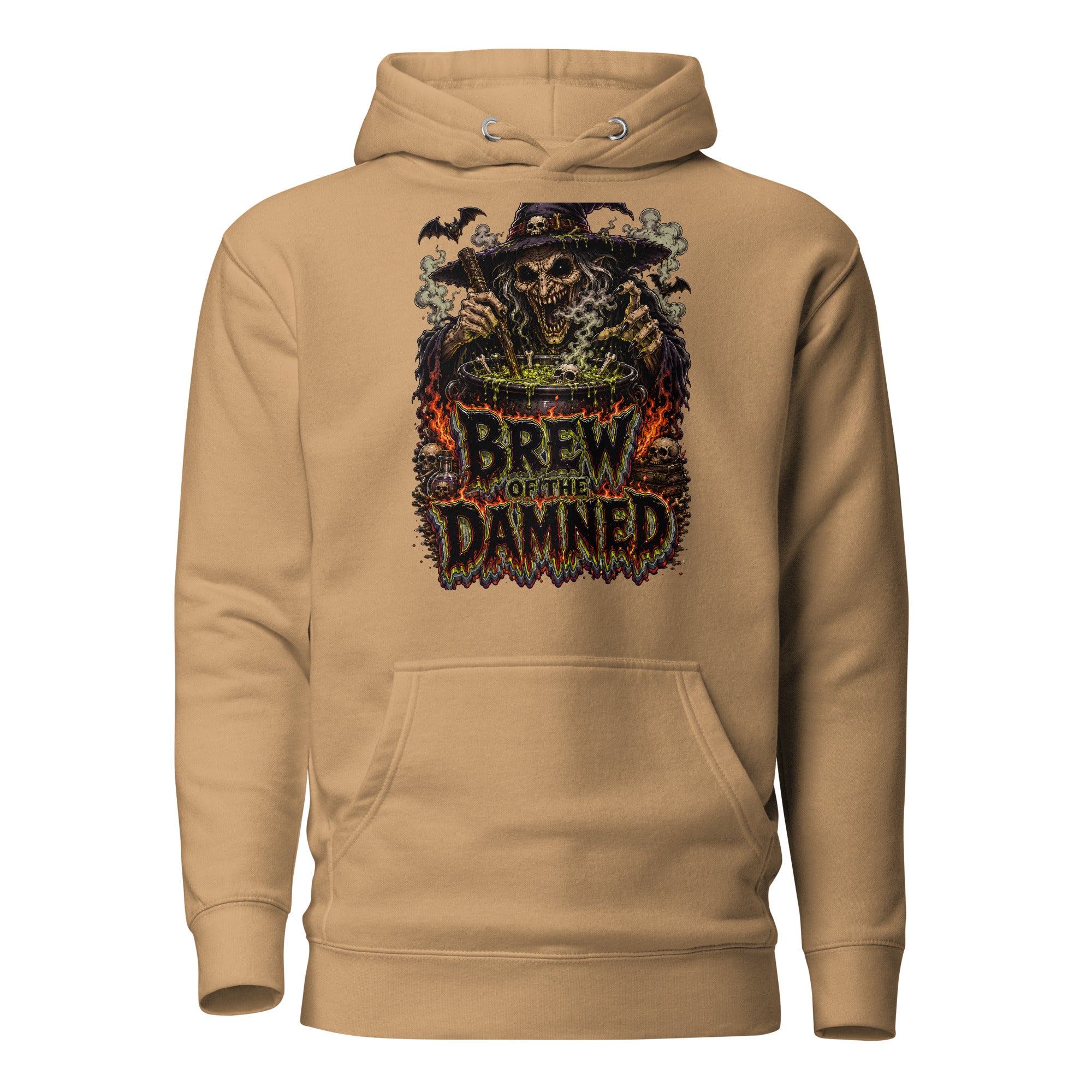 Horror & Mystery Lovers Unisex Premium Pullover Hoodie with "Brew of the Damned" Witch Cauldron Design by printfluence.net