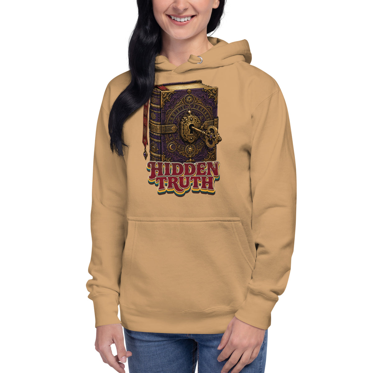 Horror and Mystery Lovers Unisex Premium Pullover Hoodie — "Hidden Truth" Cursed Grimoire and Esoteric Key Design by printfluence.net