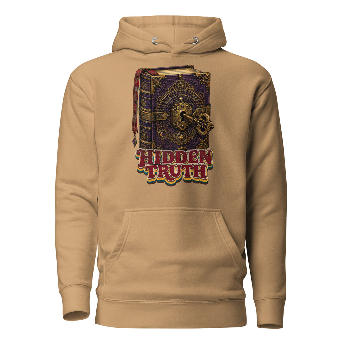 Horror and Mystery Lovers Unisex Premium Pullover Hoodie — "Hidden Truth" Cursed Grimoire and Esoteric Key Design by printfluence.net