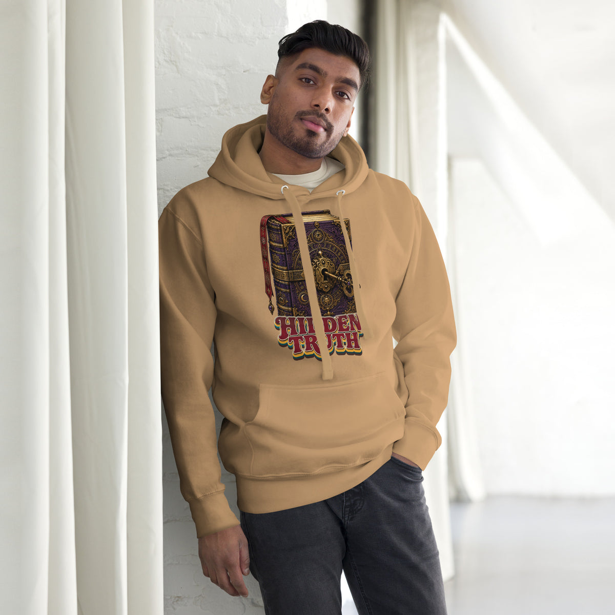Horror and Mystery Lovers Unisex Premium Pullover Hoodie — "Hidden Truth" Cursed Grimoire and Esoteric Key Design by printfluence.net