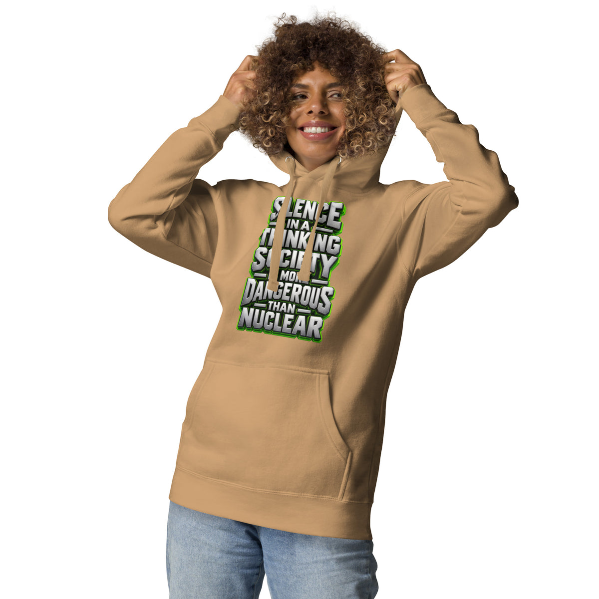Inspirational Quotes Lovers | Unisex Premium Pullover Hoodie — SILENCE IN A THINKING SOCIETY IS MORE DANGEROUS THAN NUCLEAR by printfluence